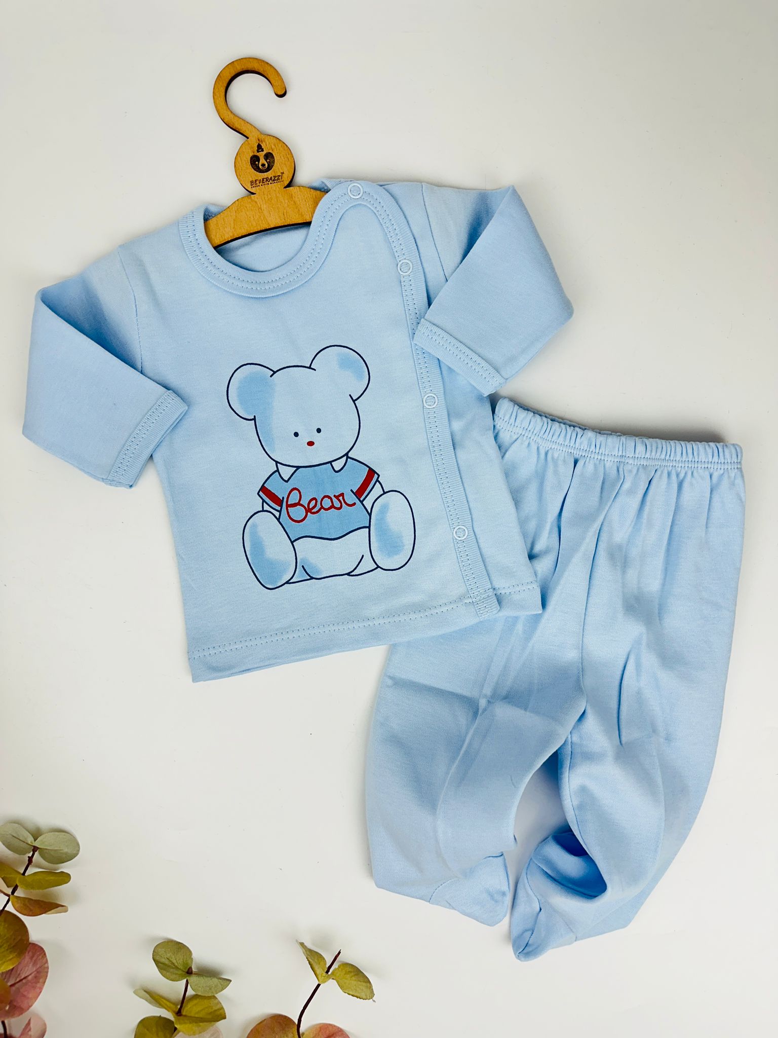 Ayı Desenli Bebe Mavi İkili Yenidoğan Takım