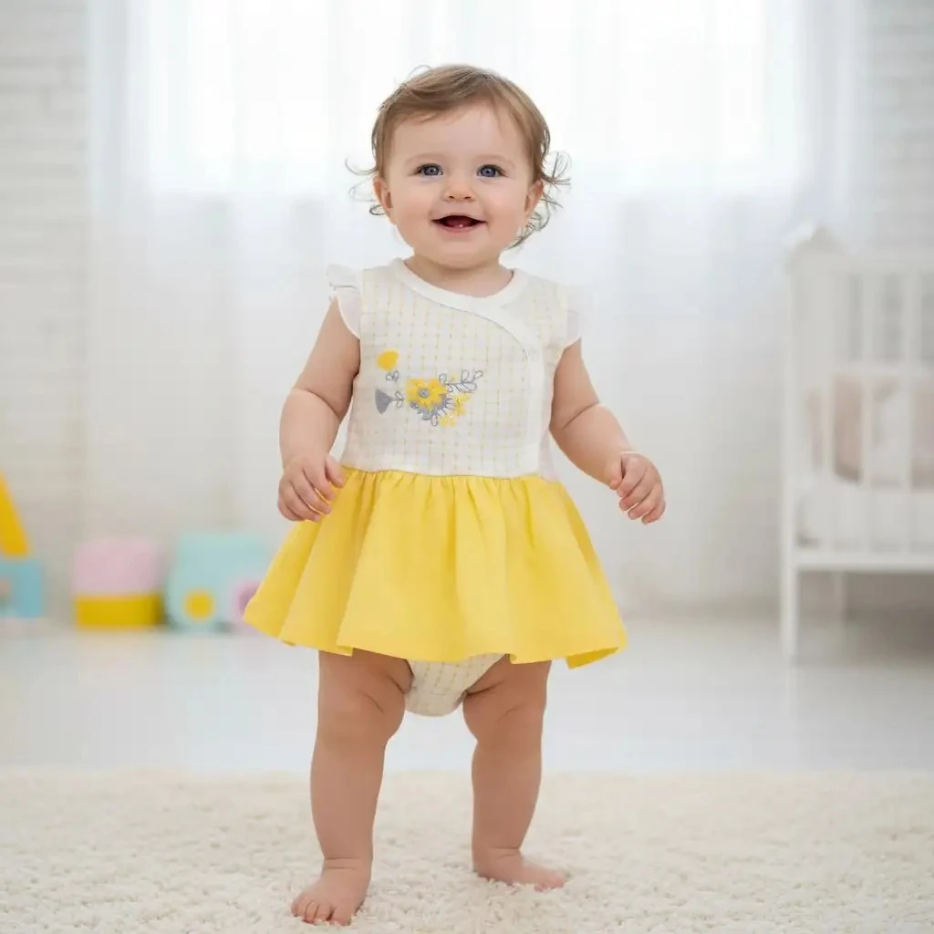 Papatya Desenli Jakarlı Etekli Body - Sarı