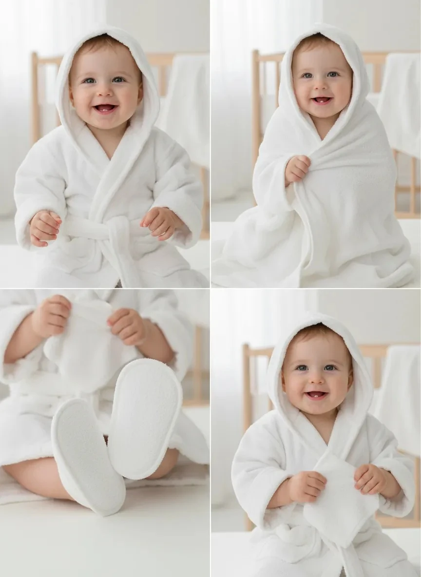 Bebek Dört Parça Terlikli Bornoz Set 