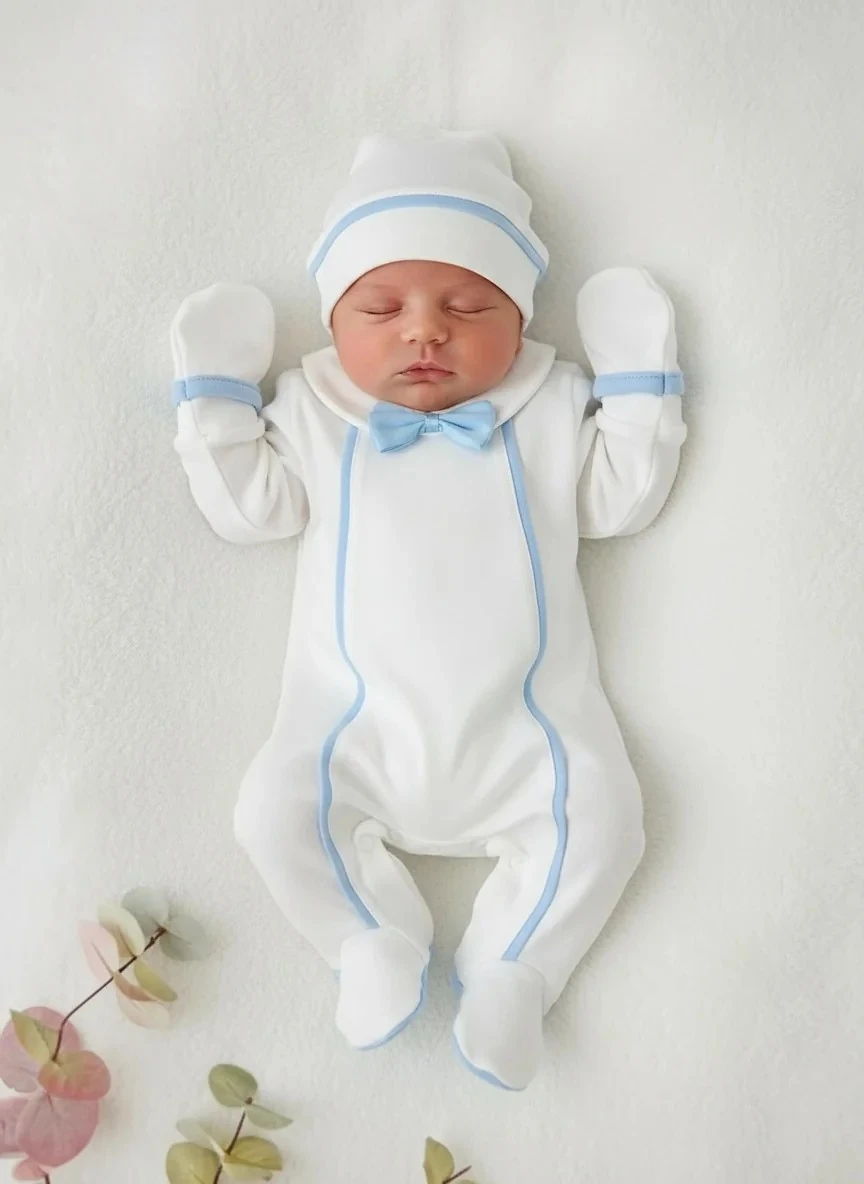 Mavi Papyonlu Arkadan Çıtçıtlı Tulum set