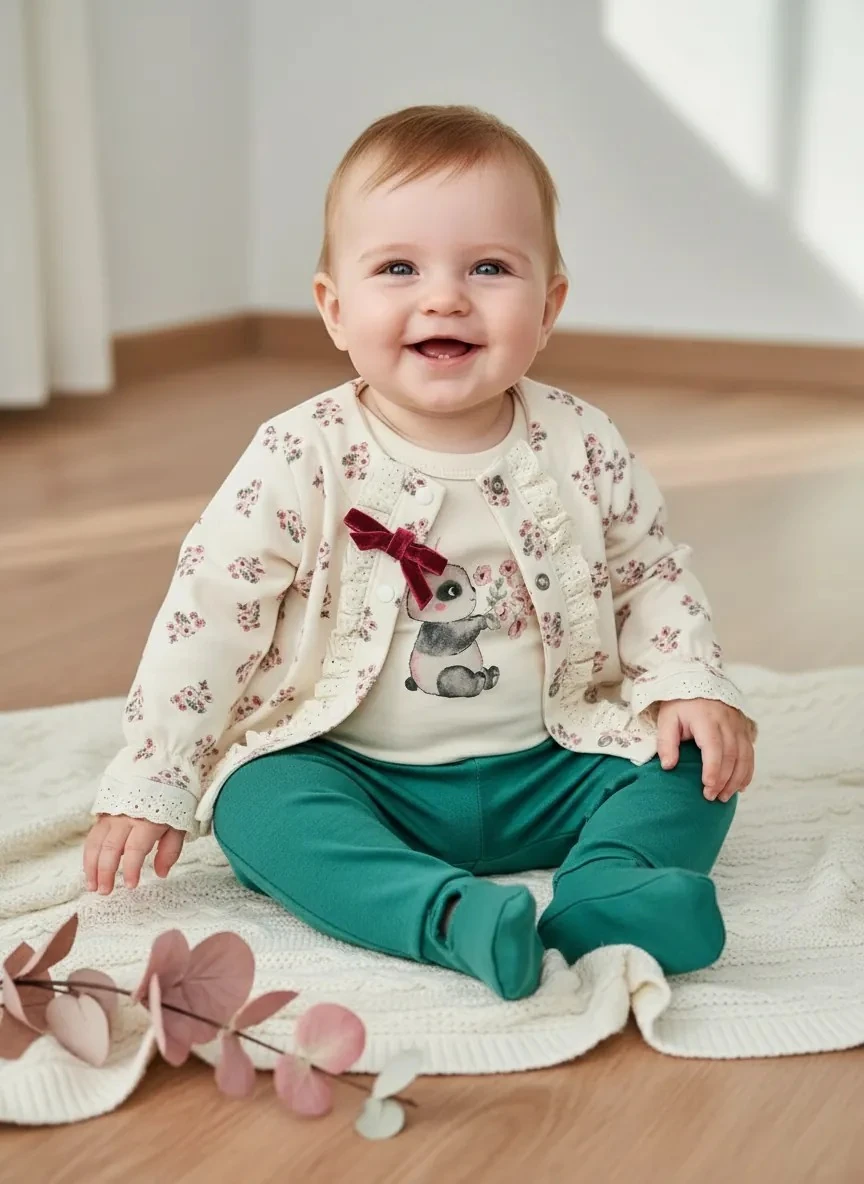 Panda Temalı Minik Çiçek Desenli Hırkalı Üçlü Kız Bebek Takım