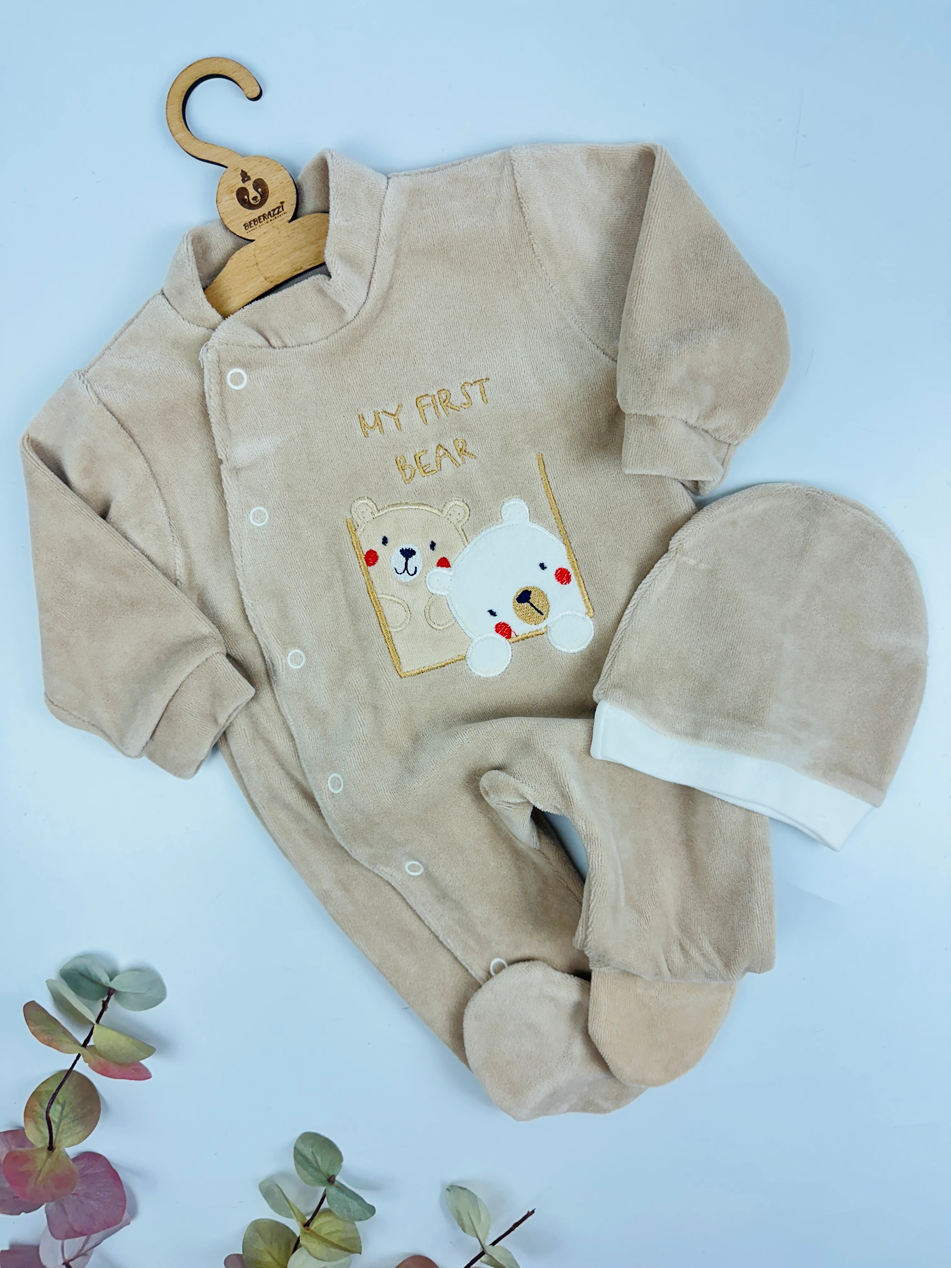 Kadife Ayı Temalı Şapkalı Yandan Çıtçıtlı Tulum