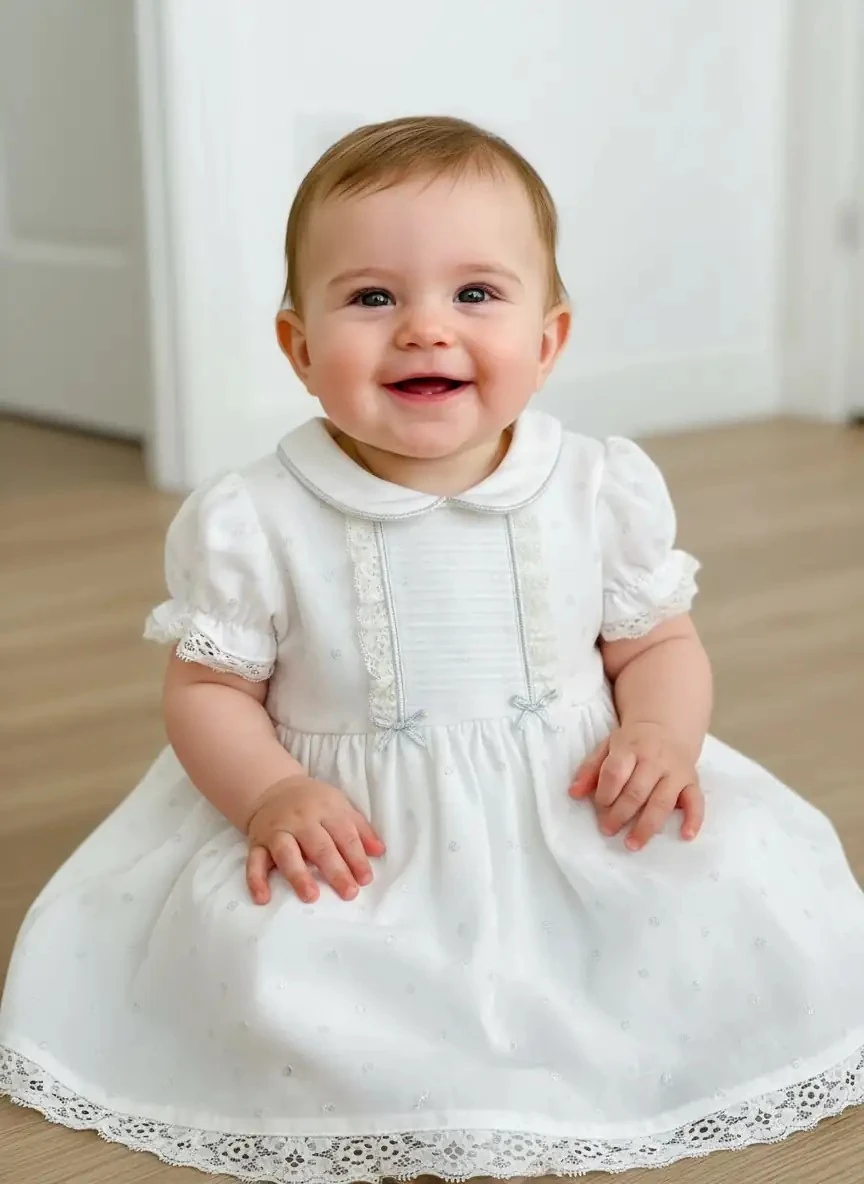 Bebe Yaka Simli Dantel Detaylı Elbise - Beyaz