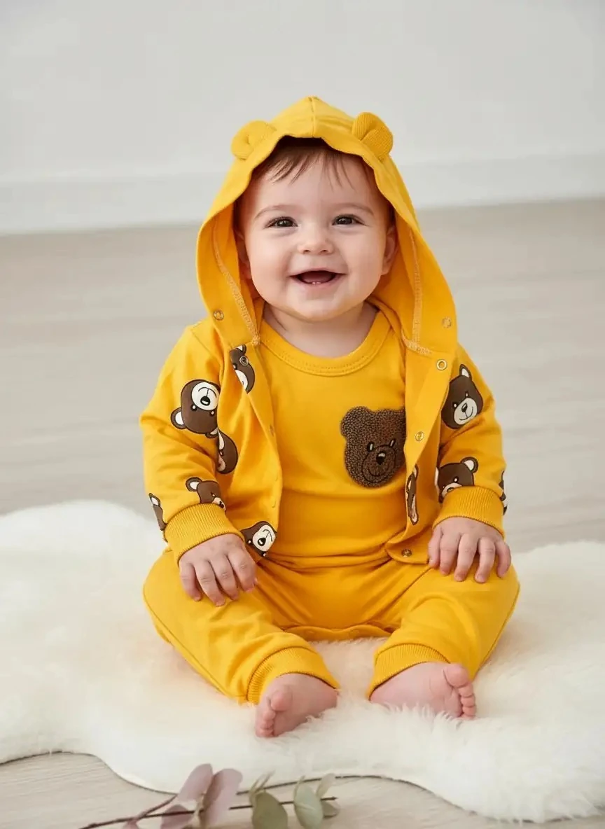 Sarı Ayı Temalı Hırkalı Zıbın Takım - 0/3 Ay