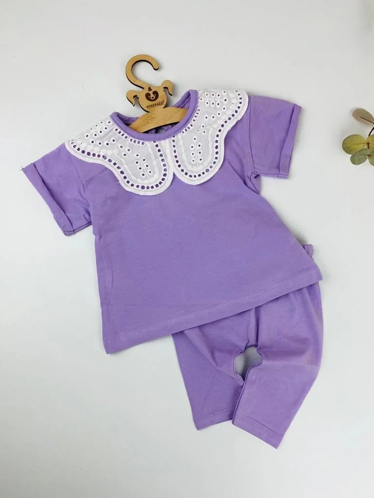 Güpür Yaka Lila Taytlı Takım - Lila