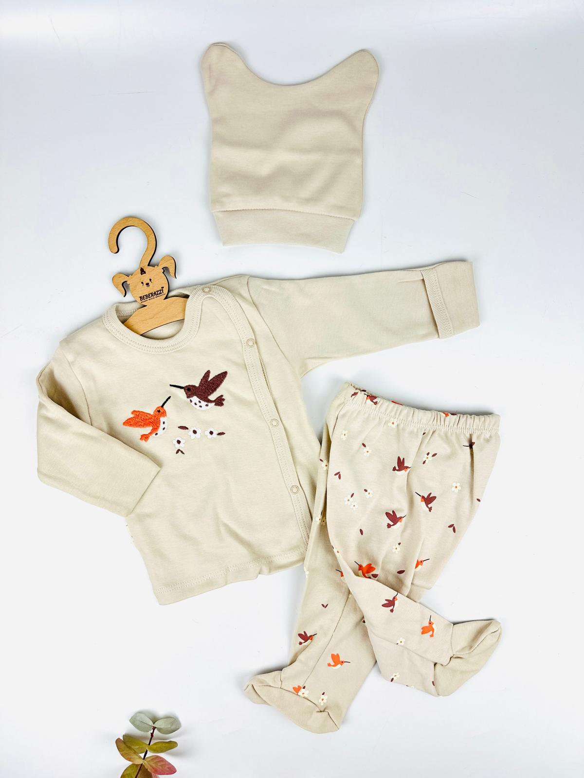 Kuş Temalı Bej Renk Kendinden Eldivenli Üçlü Yendioğan Set