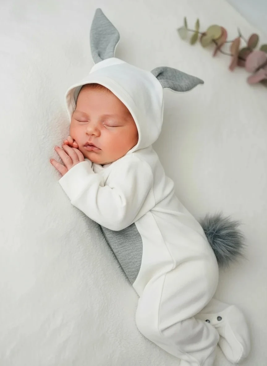 Beyaz Gri Tavşan Temalı Ponponlu Yenidoğan Hastane Çıkışı Set