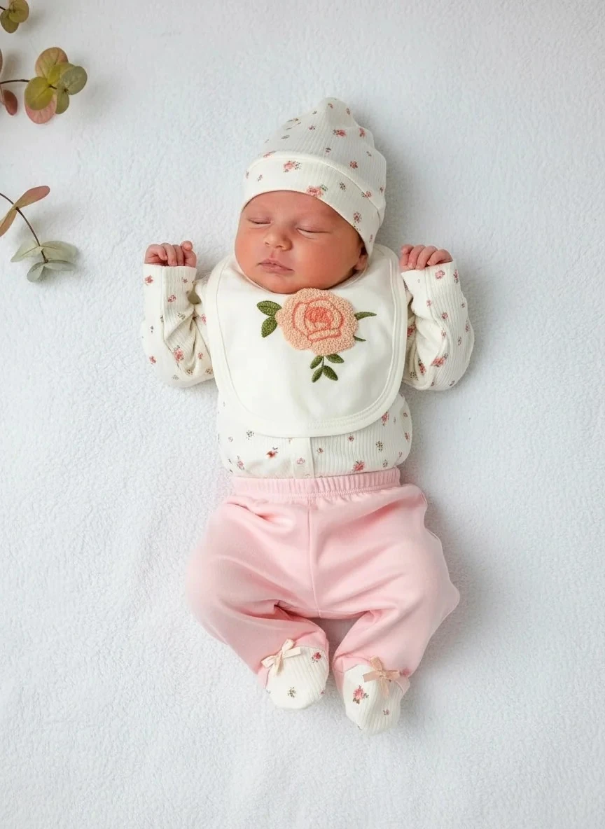 Gül Temalı Kendinden Eldivenli Dörtlü Yenidoğan Set