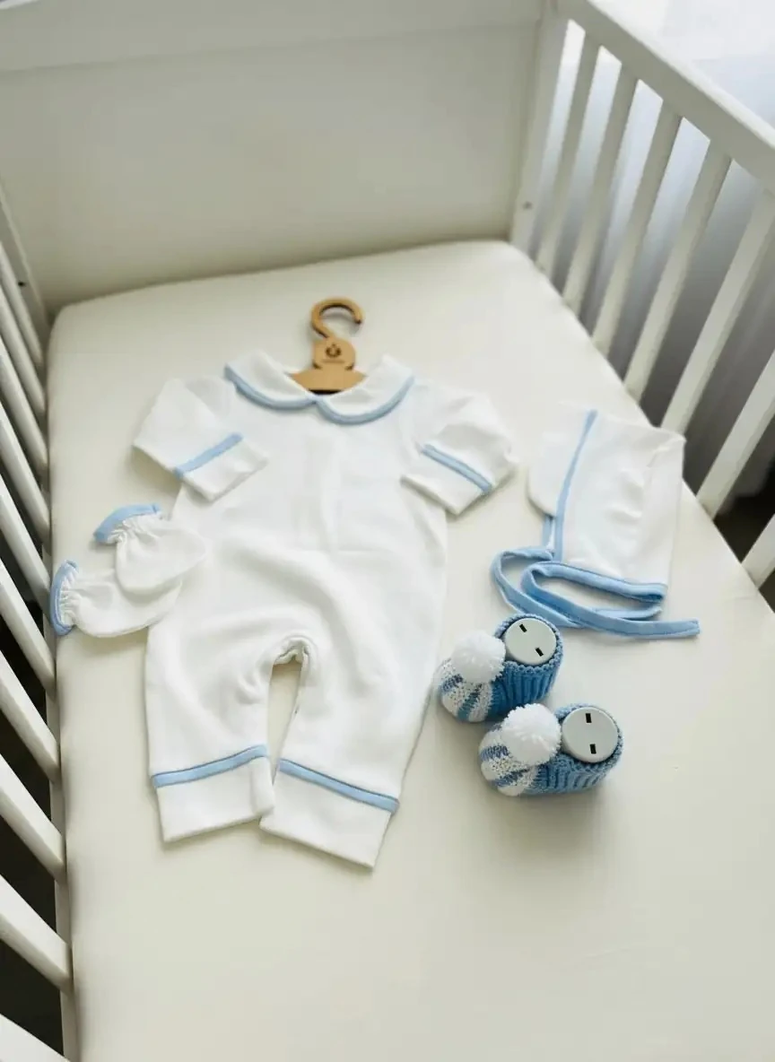 Bebe Yaka Mavi Arkadan Çıtçıtlı Patikli Hastane Çıkışı Yenidoğan Set