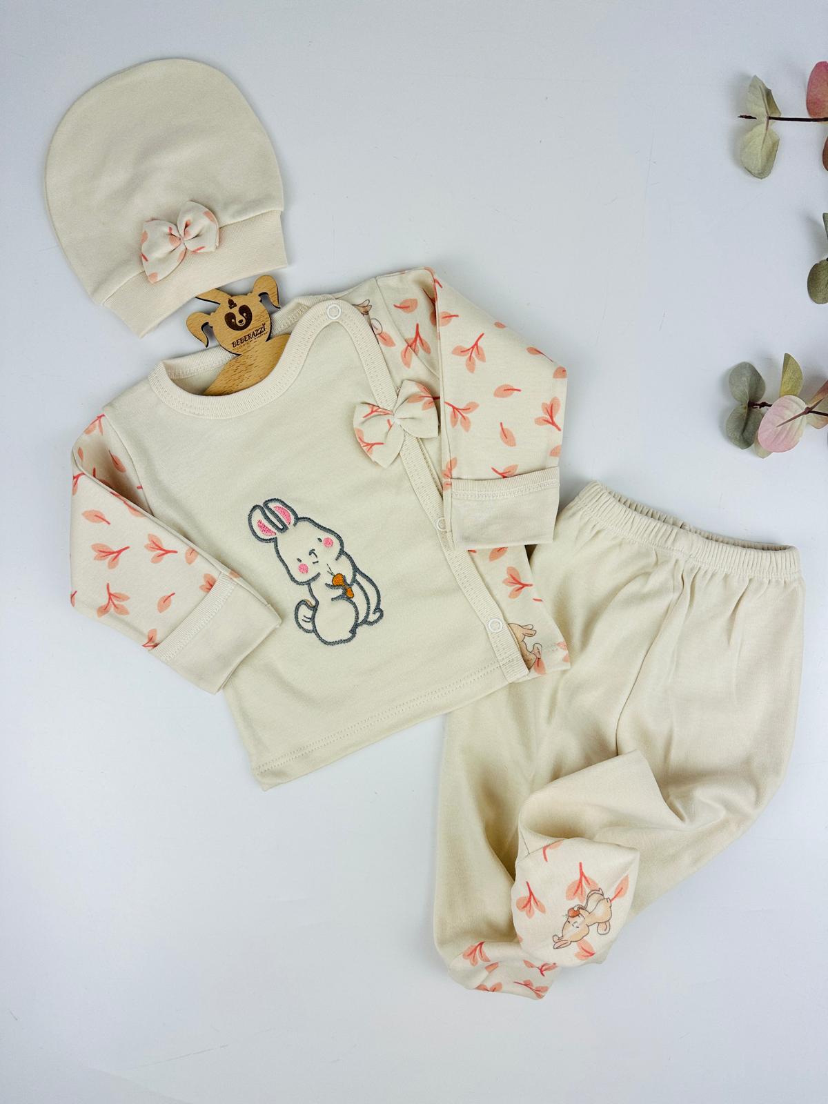 Tavşan Temalı Kendinden Eldivenli Üçlü Yenidoğan Set