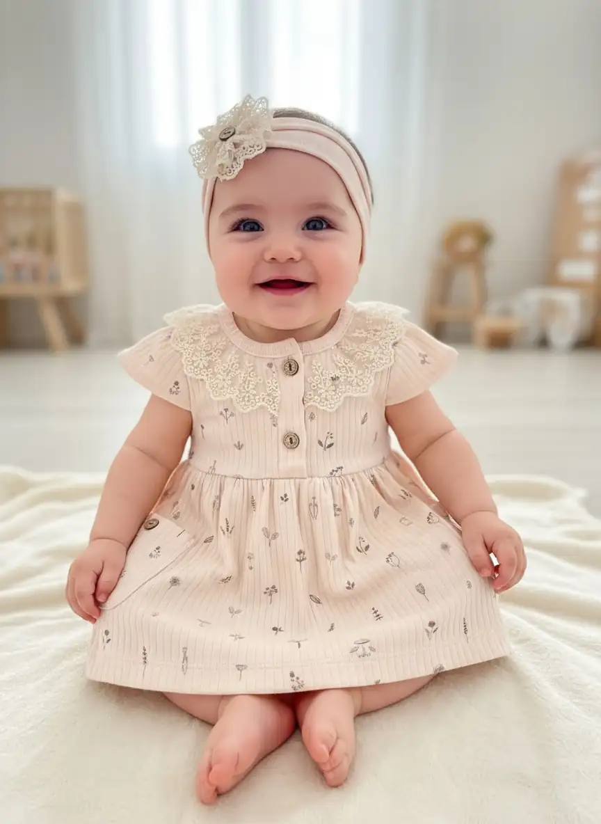 Çiçek Temalı Bej Güpürlü Bandanalı Elbise