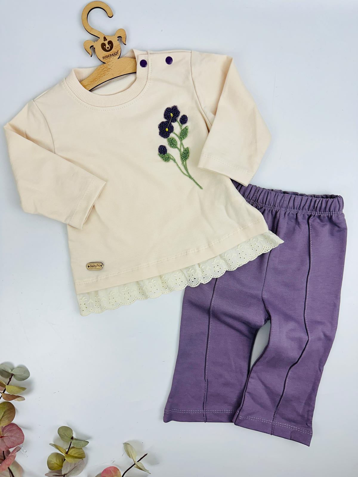 Lila Çİçek Temalı İspanyol Paça İkili Takım