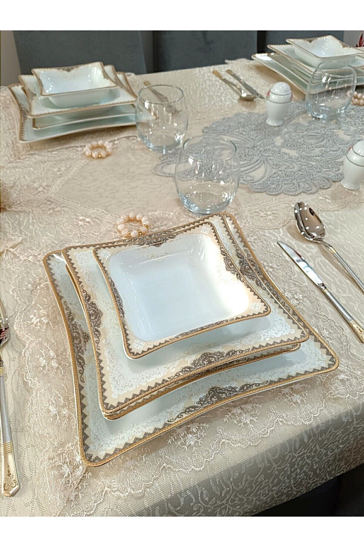 6 Kişilik Gold Osmanlı Deseni 24 Parça Yemek Takımı