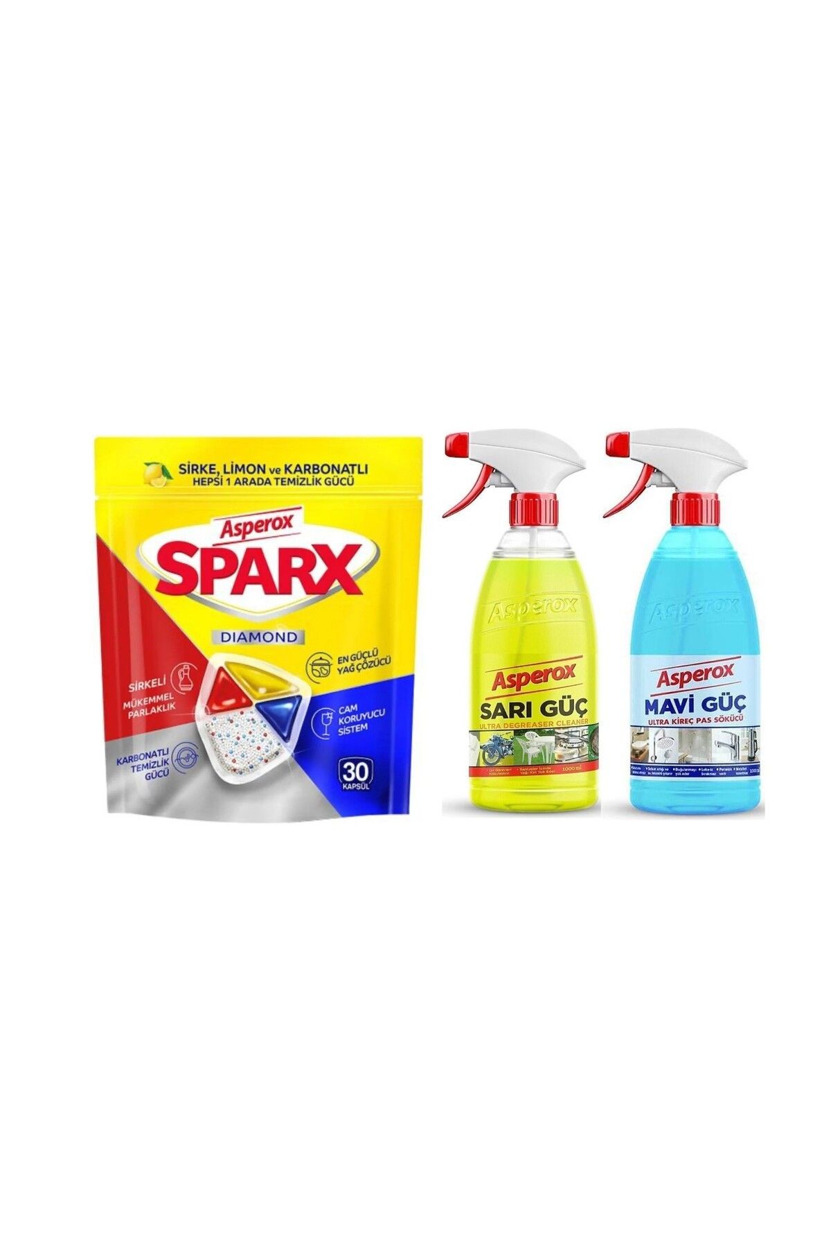 3'lü Set-(Bulaşık makinesi tableti 30 Kapsül +mavi güç 1000 ml + sarı güç 1000 ml)