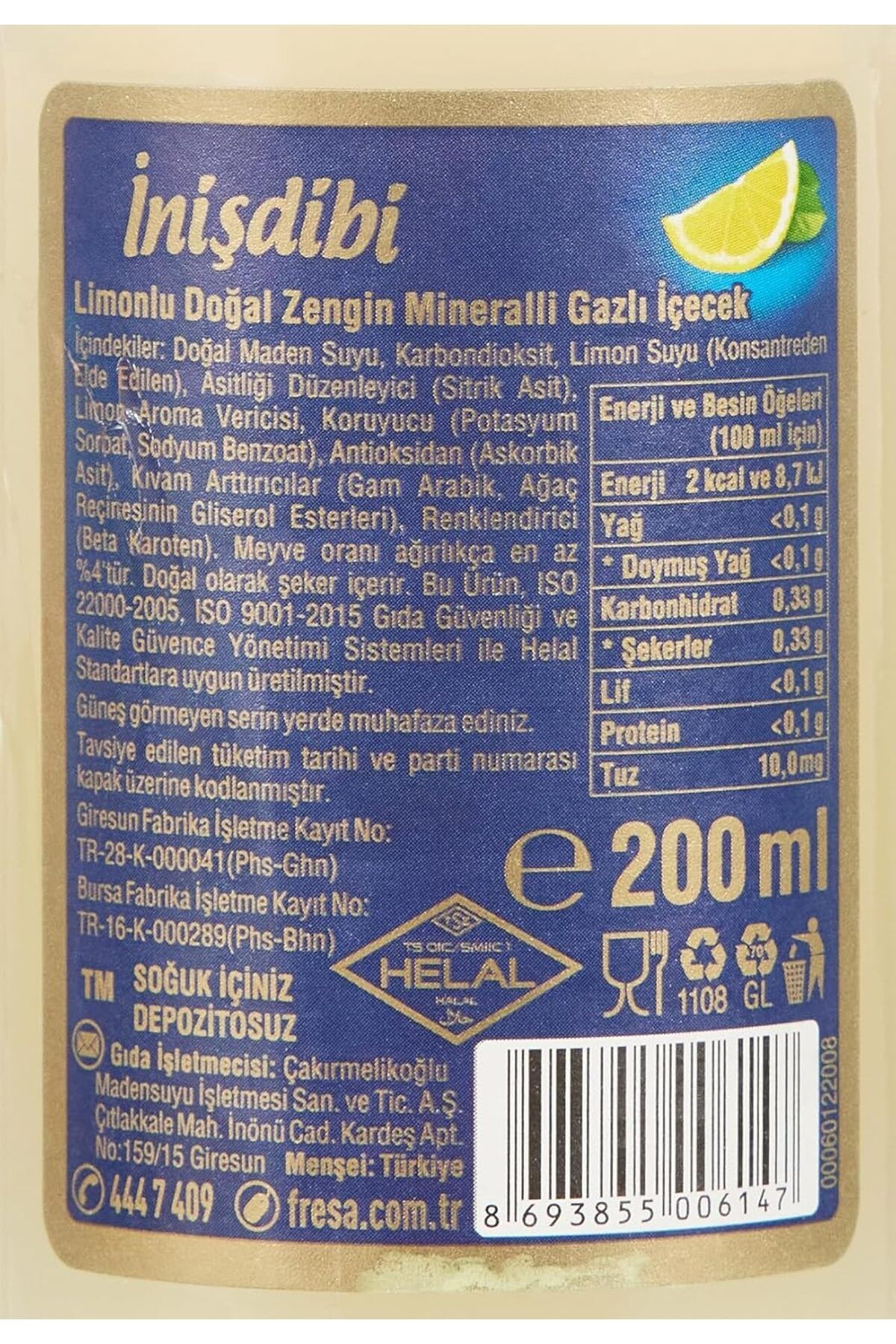 İnişdibi Limonlu Madensuyu 24'lü Paket (200 ml x 24 Adet)