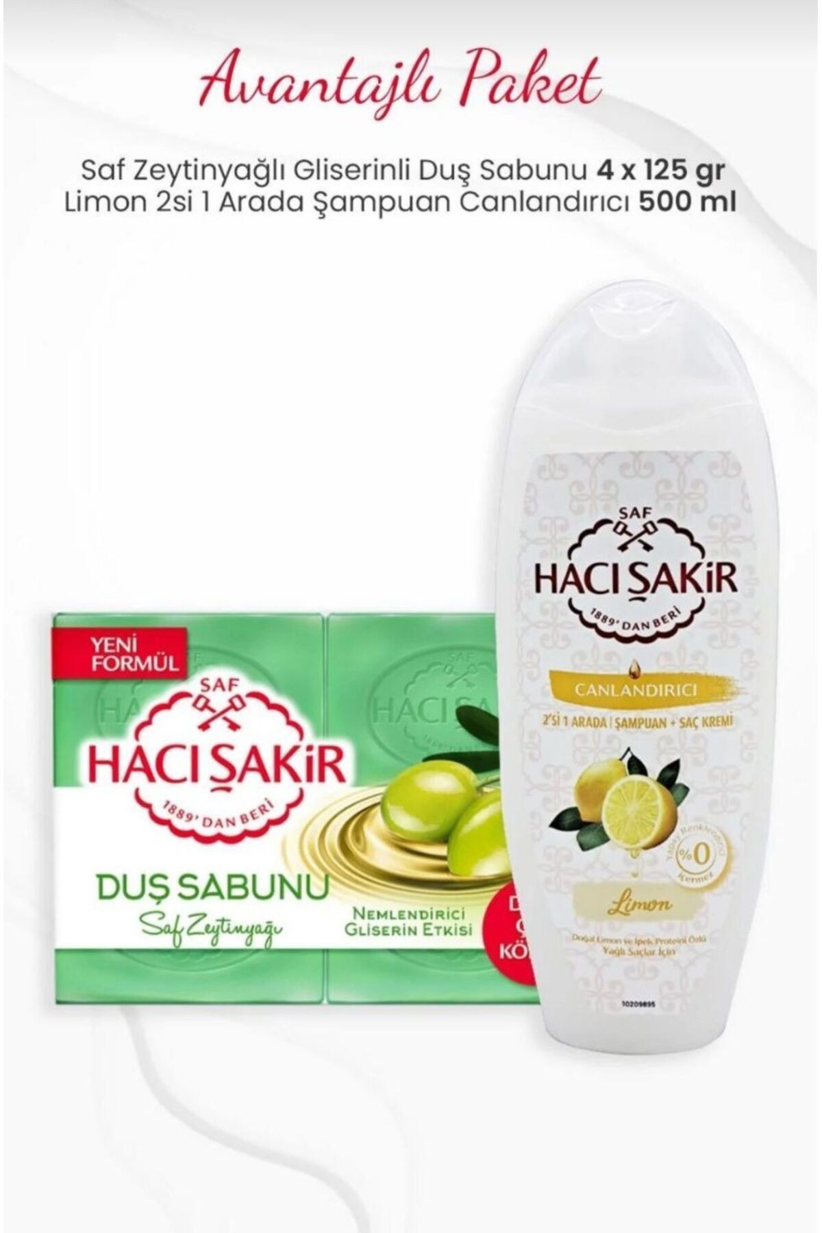 Haci şakir 4 lü saf zeytinyağlı duş sabunu ve limon 2 si birarada 500 ml canlandırıcılı şampuan
