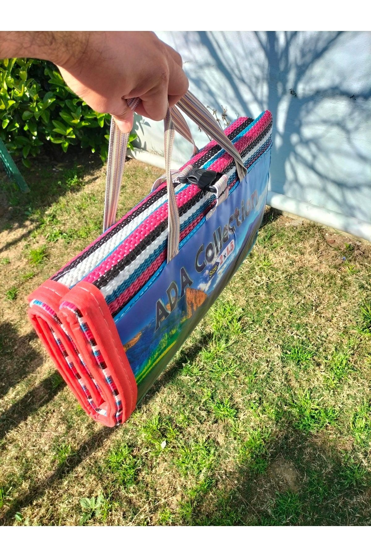 3 mm Katlanır Çantalı Piknik Hasırı -plaj Hasırı -200*150 Ebatlarında Kilim Kırmızı
