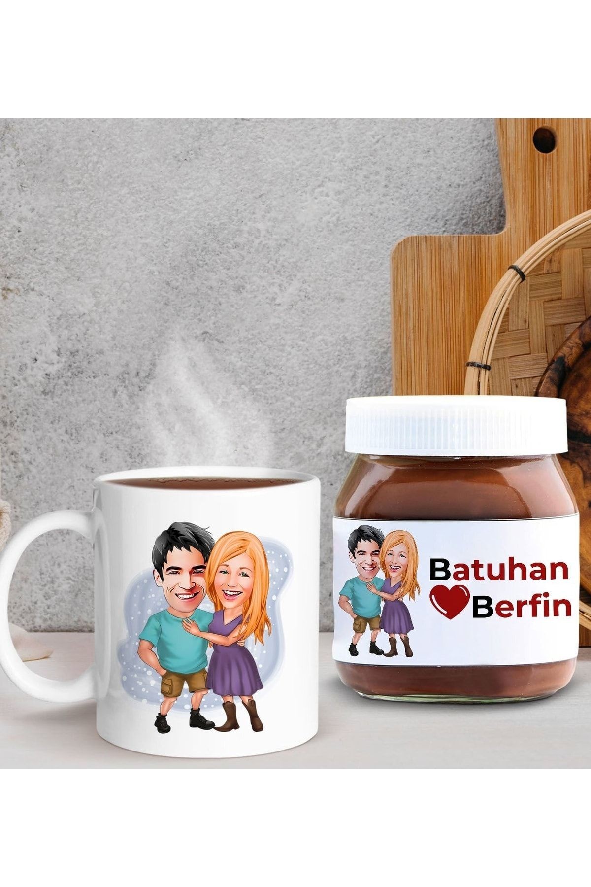 Sevgiliye Özel Karikatürlü Kupa ve Nutella 400 gr Hediye Seti