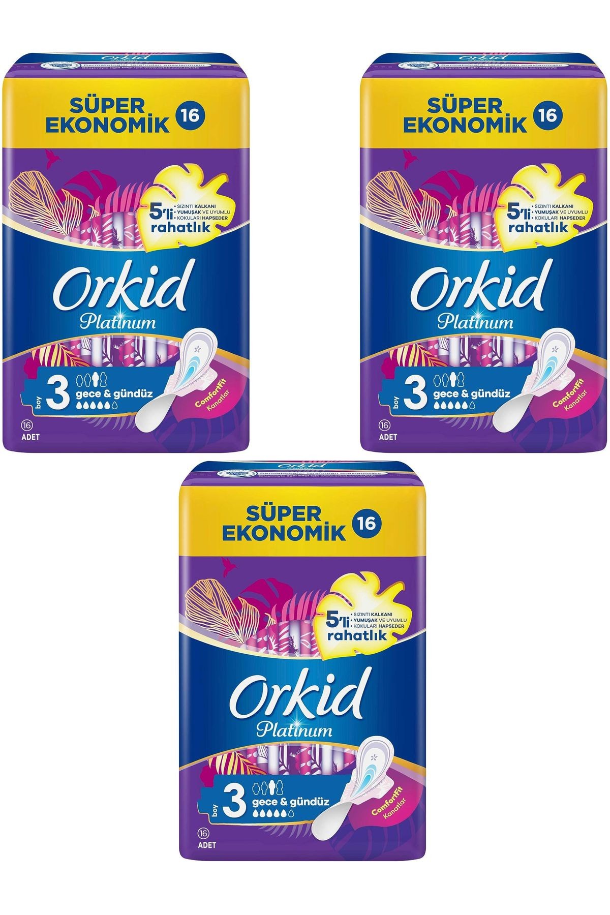 Platinum Kokulu Hijyenik Ped Boy 3 Gece & Gündüz 5’li Rahatlık Süper Ekonomik 16’lı Paket X 3 Adet