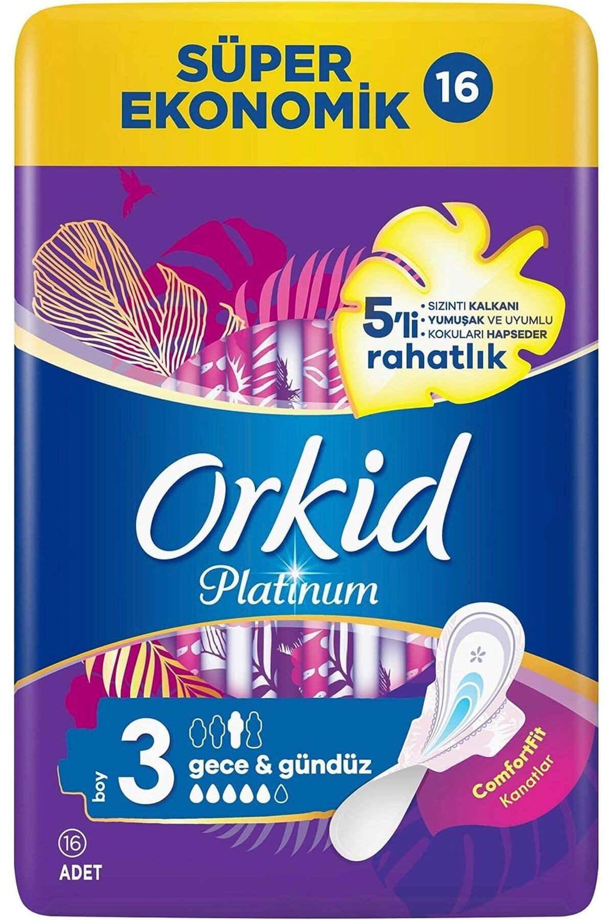 Platinum Kokulu Hijyenik Ped Boy 3 Gece & Gündüz 5’li Rahatlık Süper Ekonomik 16’lı Paket X 3 Adet