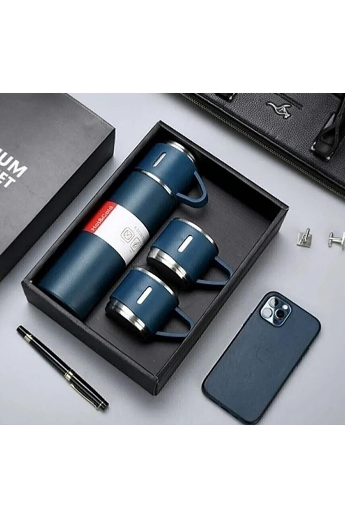 Vacuum Flask Set Üç Bardaklı Kutulu Paslanmaz Çelik Termos Seti 500 Ml