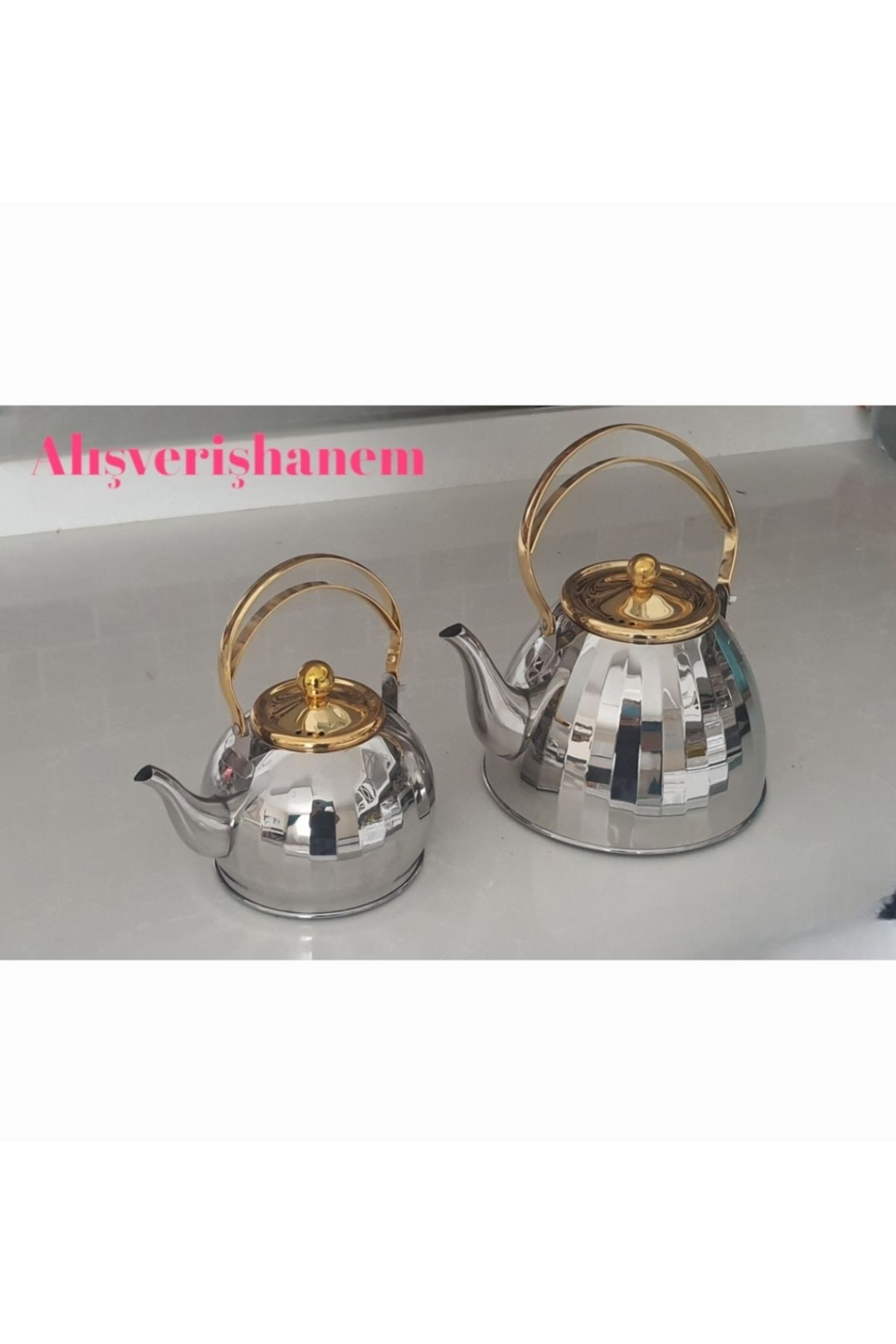 2Li Lüks Alman Süzgeçli Gold Kulplu Çaydanlık Ve Demlik Set