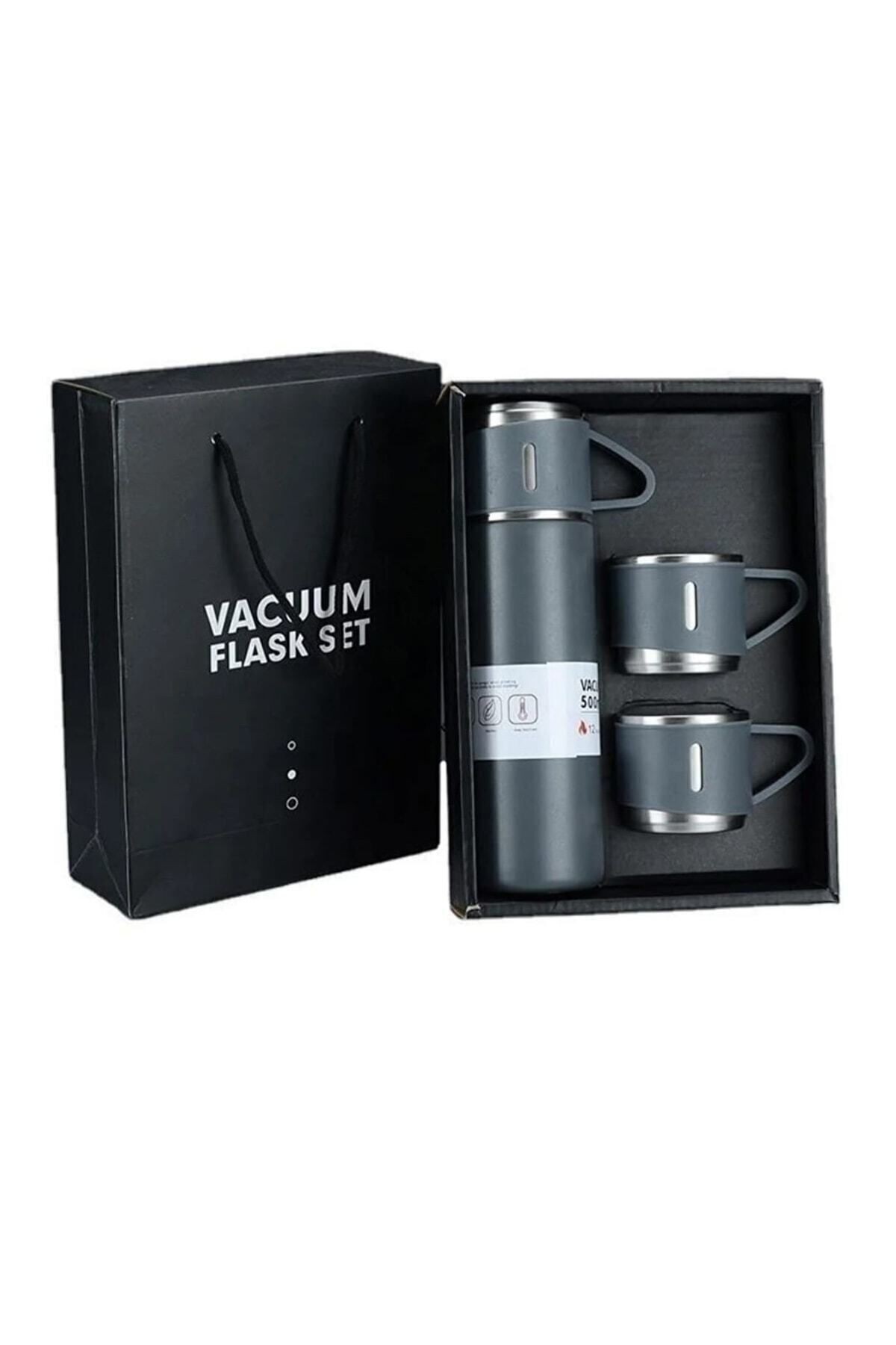 Vacuum Flask Set Üç Bardaklı Kutulu Paslanmaz Çelik Termos Seti 500 Ml