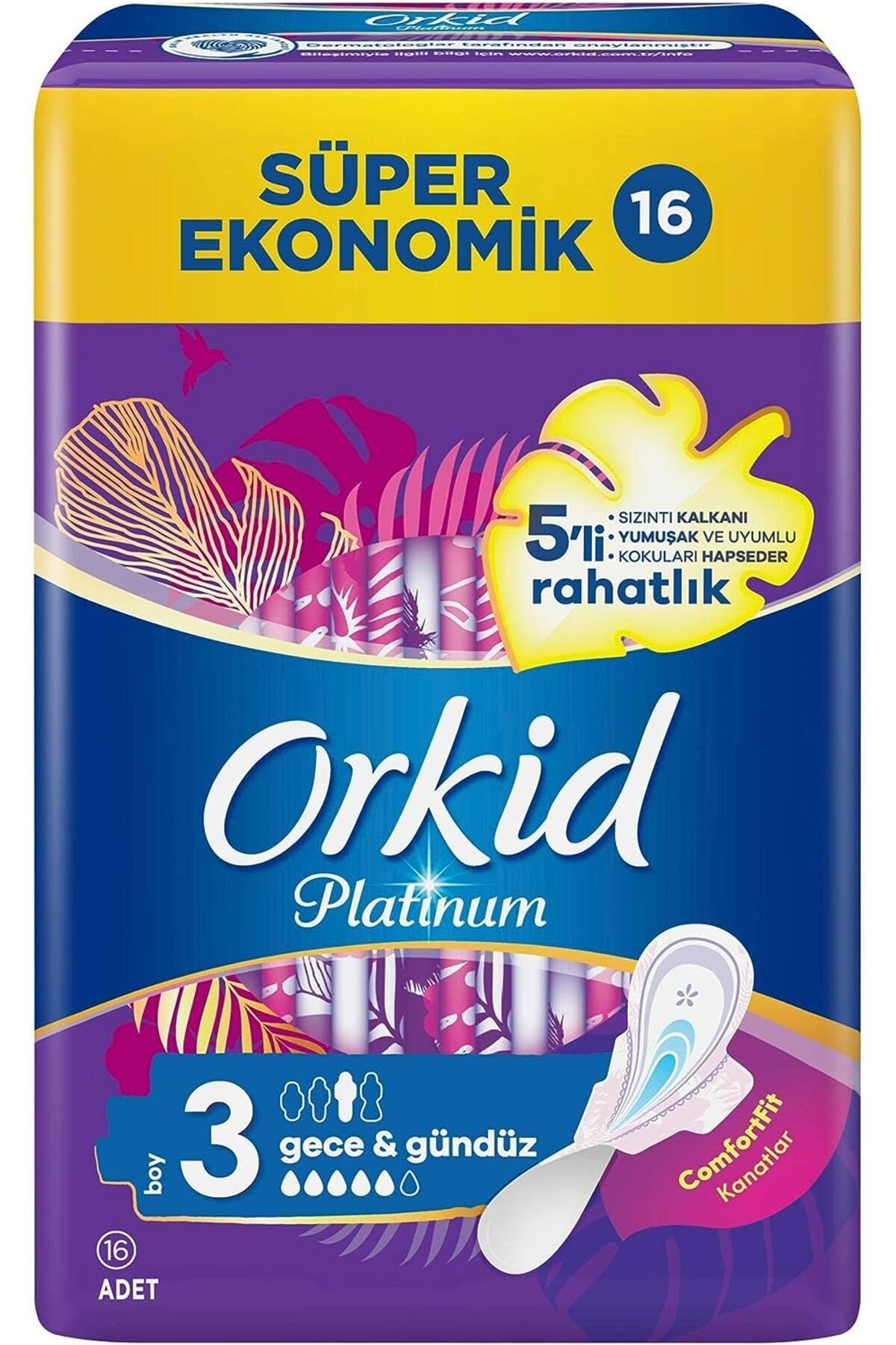 Platinum Kokulu Hijyenik Ped Boy 3 Gece & Gündüz 5’li Rahatlık Süper Ekonomik 16’lı Paket X 3 Adet