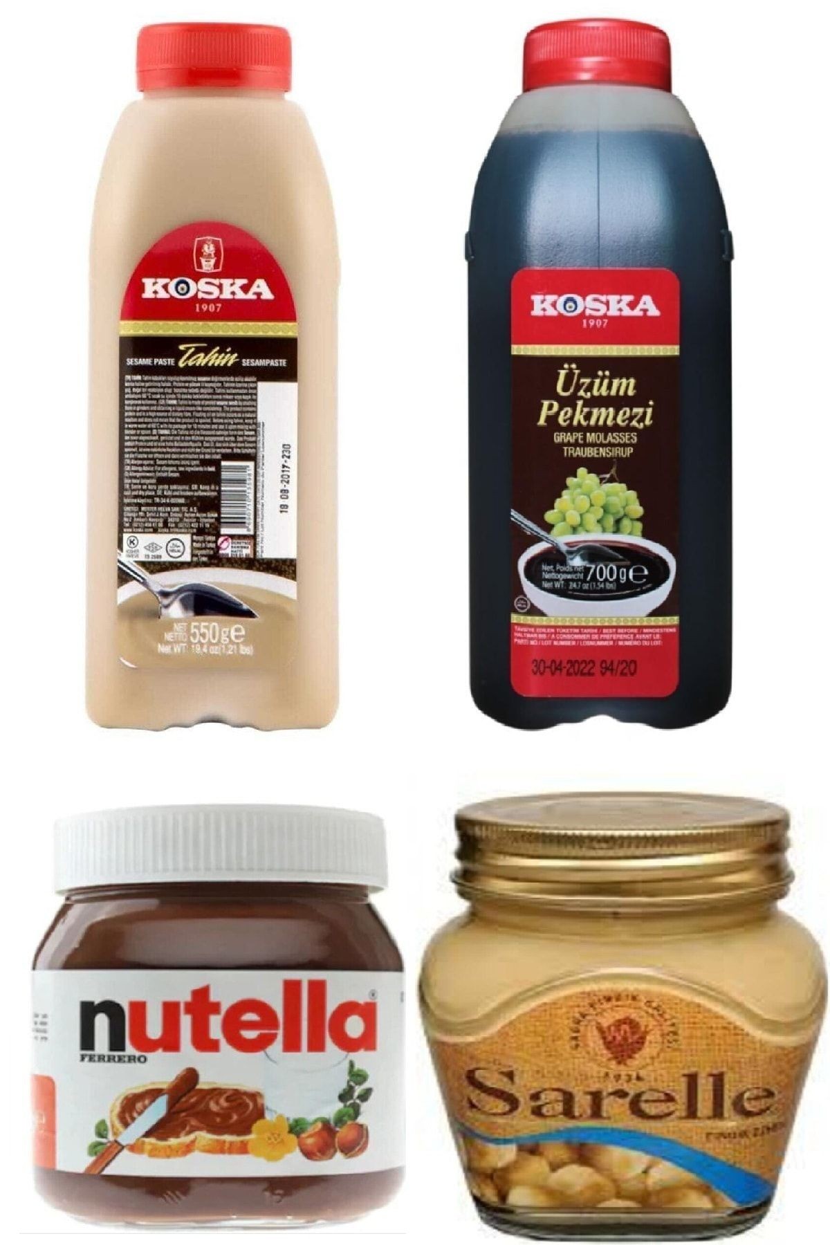 Tahin 550 gr+ Üzüm Pekmezi 700 gr+ Nutella 400 gr+ Sarelle Fındık Ezmesi 350 gr