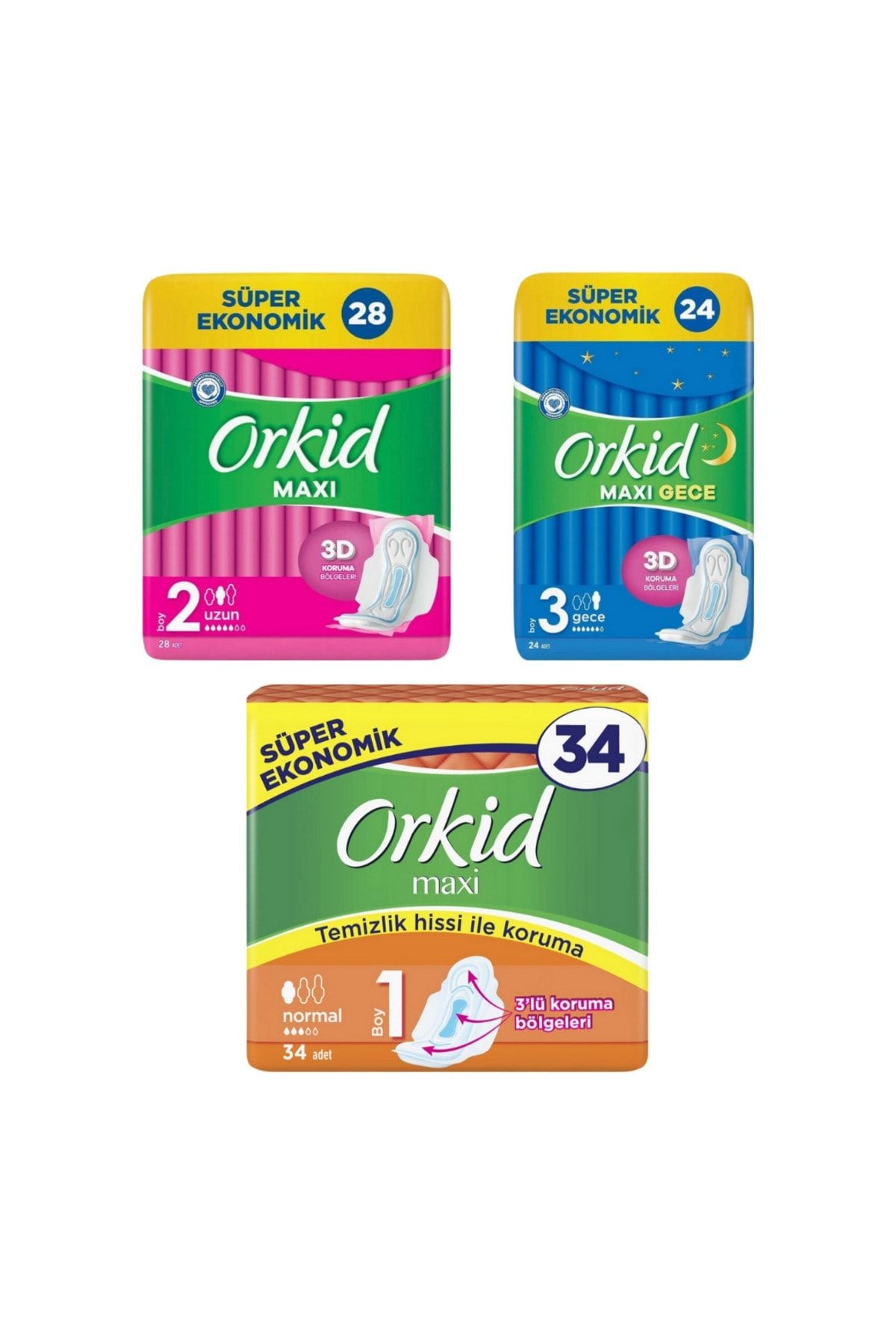 Maxi Uzun 28 Adet + Orkid Maxi Gece 24 Adet + Orkid Maxi Normal 34 Adet