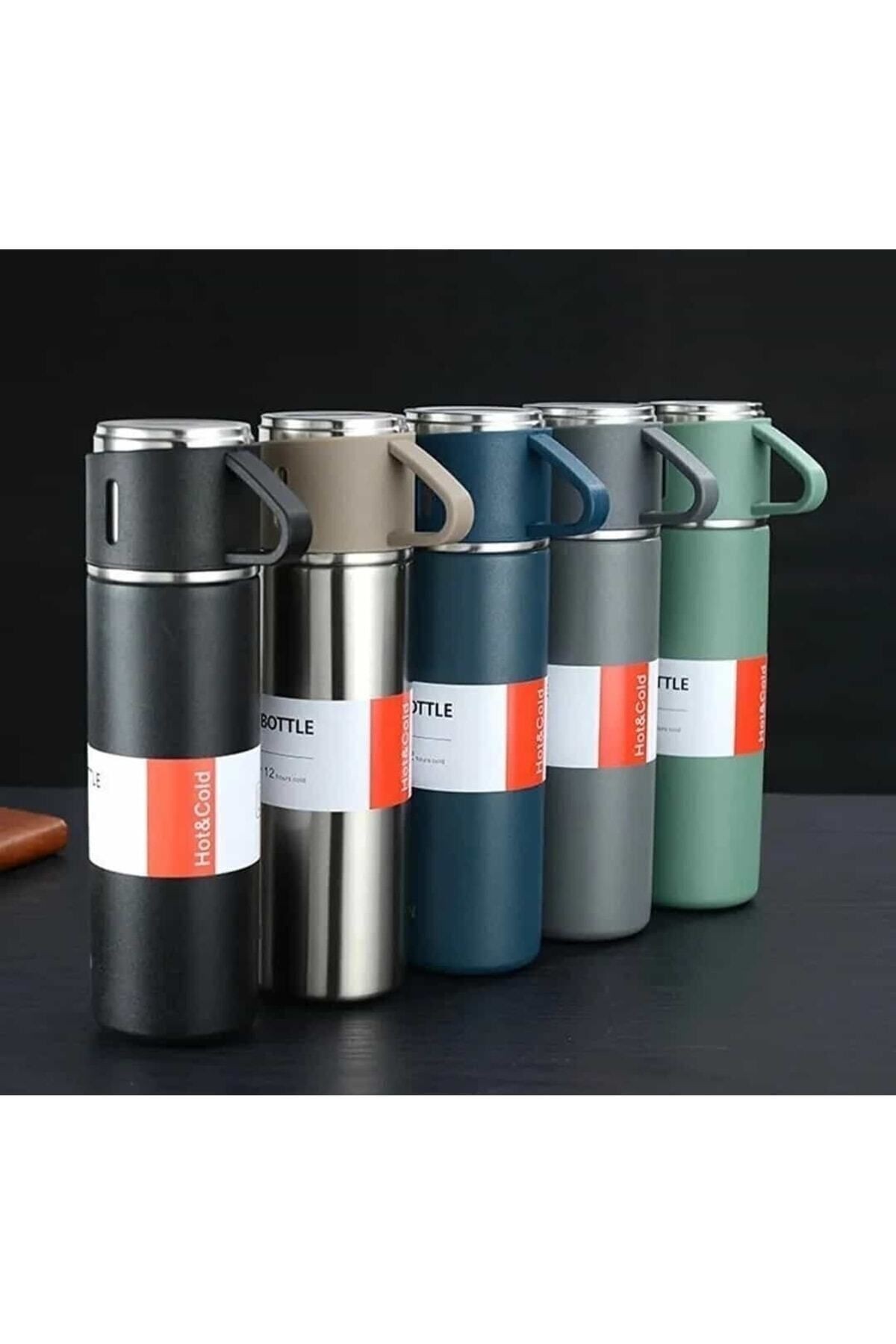 Vacuum Flask Set Üç Bardaklı Kutulu Paslanmaz Çelik Termos Seti 500 Ml