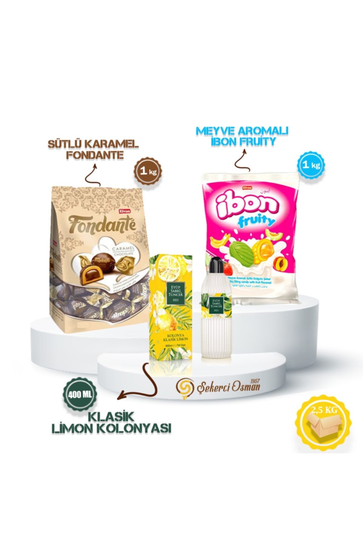Kolonyalı Avantaj Koli - Fondante Karamel 1kg - Ibon Meyveli 1kg - Est 400 ml
