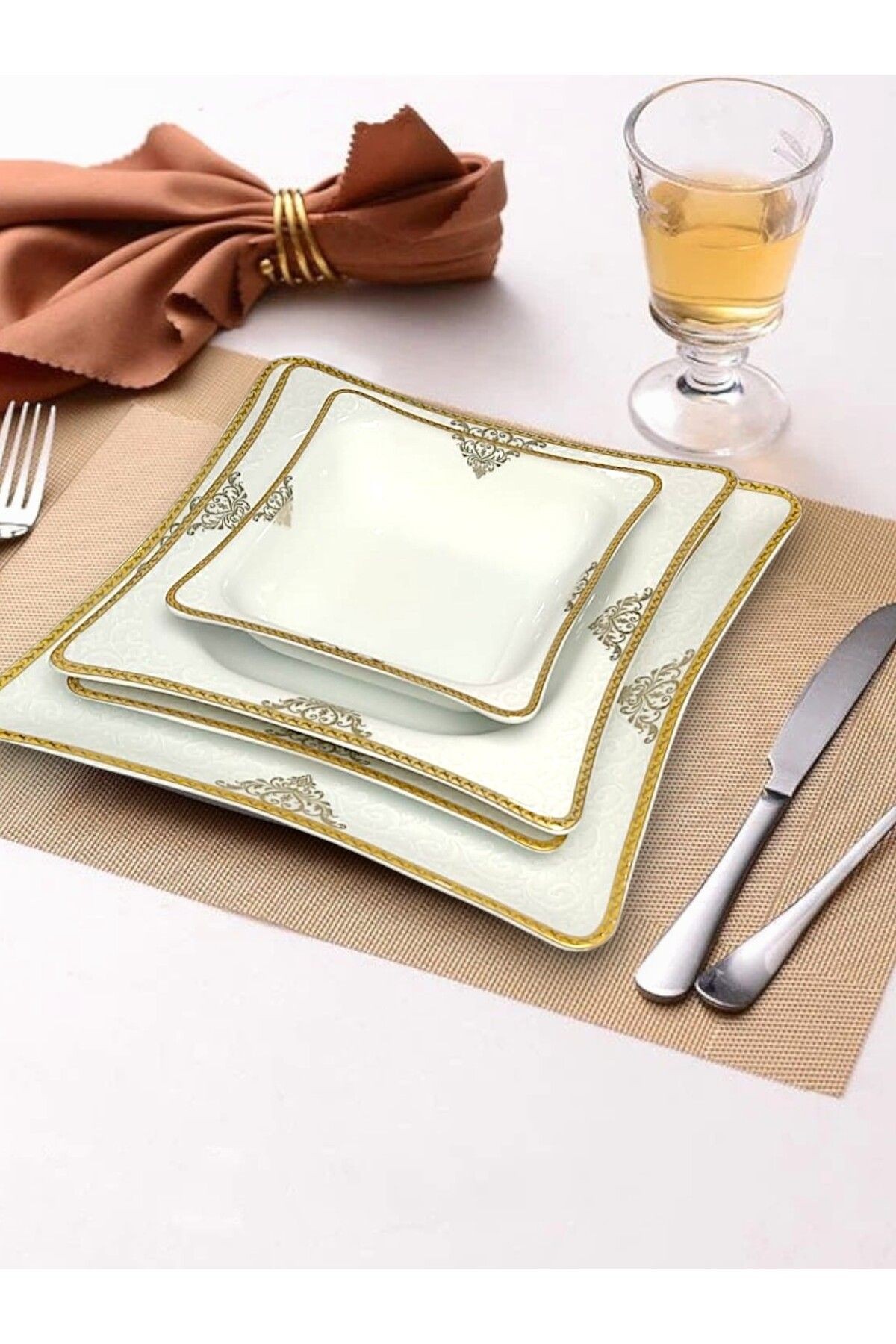 12 Kişilik Porselen Gold Yemek Takımı 48 Parça Yemek Tabağı,çorba Kasesi.servis Tabağı,pasta Tabağı