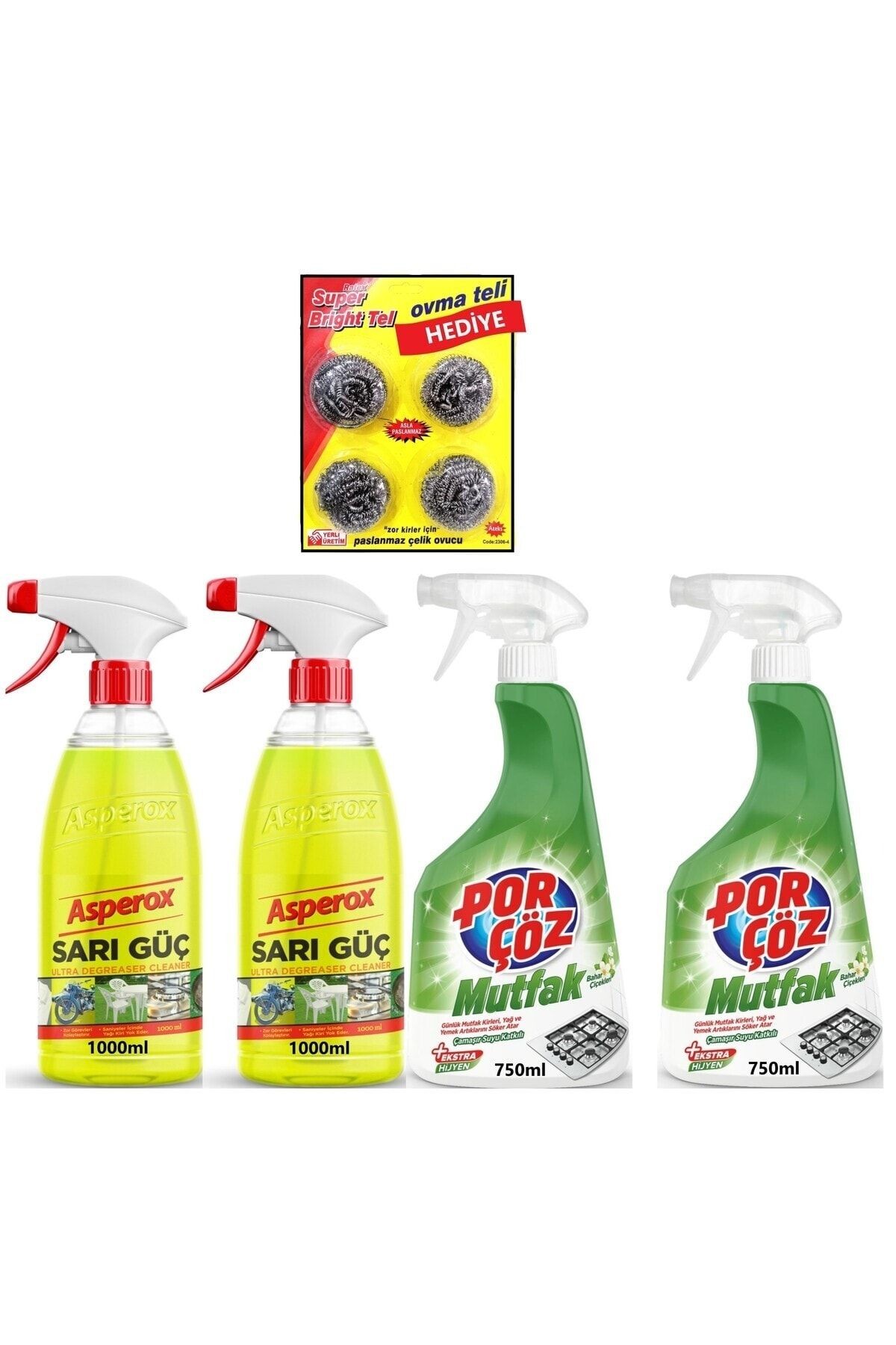 Sarı Güç 1000ml 2 Adet,porçöz Mutfak Ekstra Hijyen 750ml 2 Adet 4'lü Ovma Teli Hediye