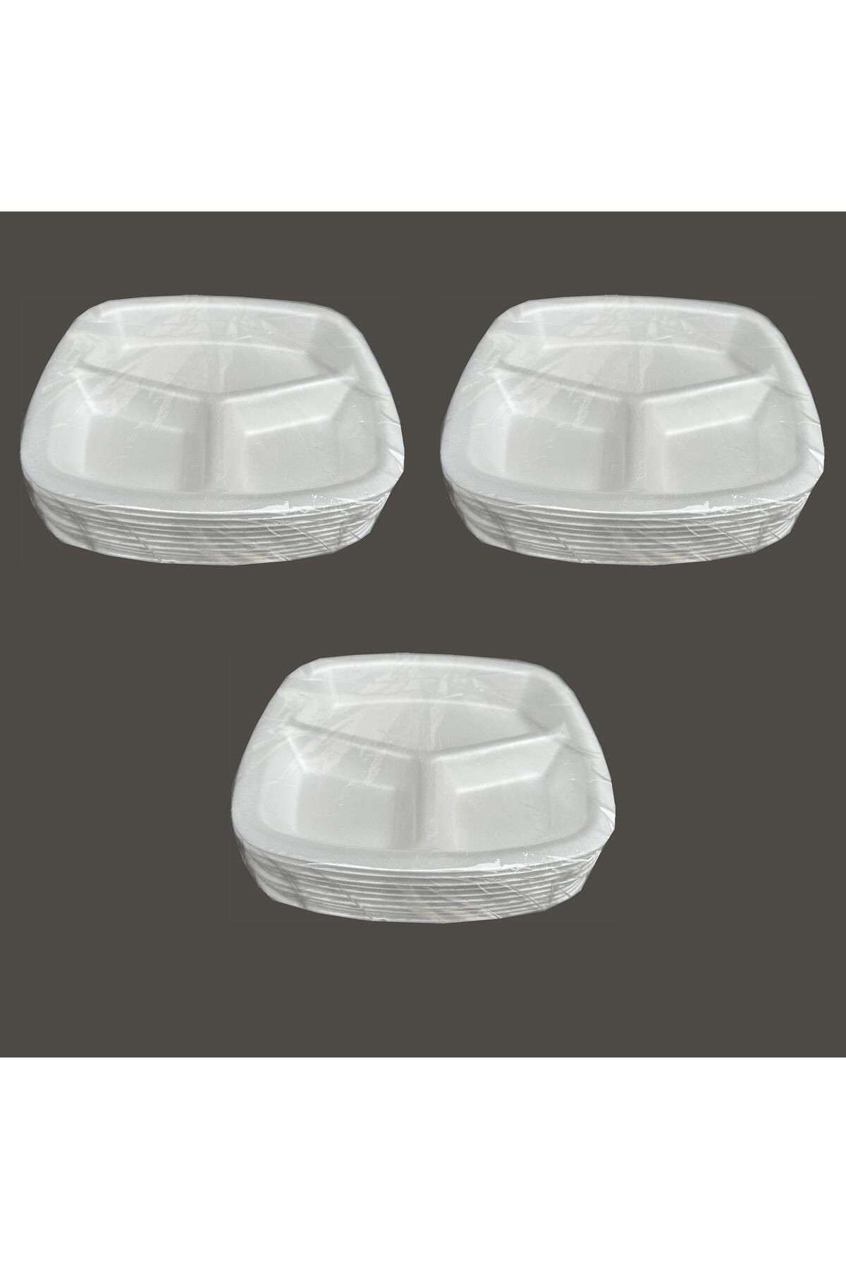 Tek Kullanımlık Köpük 3 Bölmeli Tabldot Köpük Tabak - 23.5x25 Cm. - 10 Adetlik 3 Paket