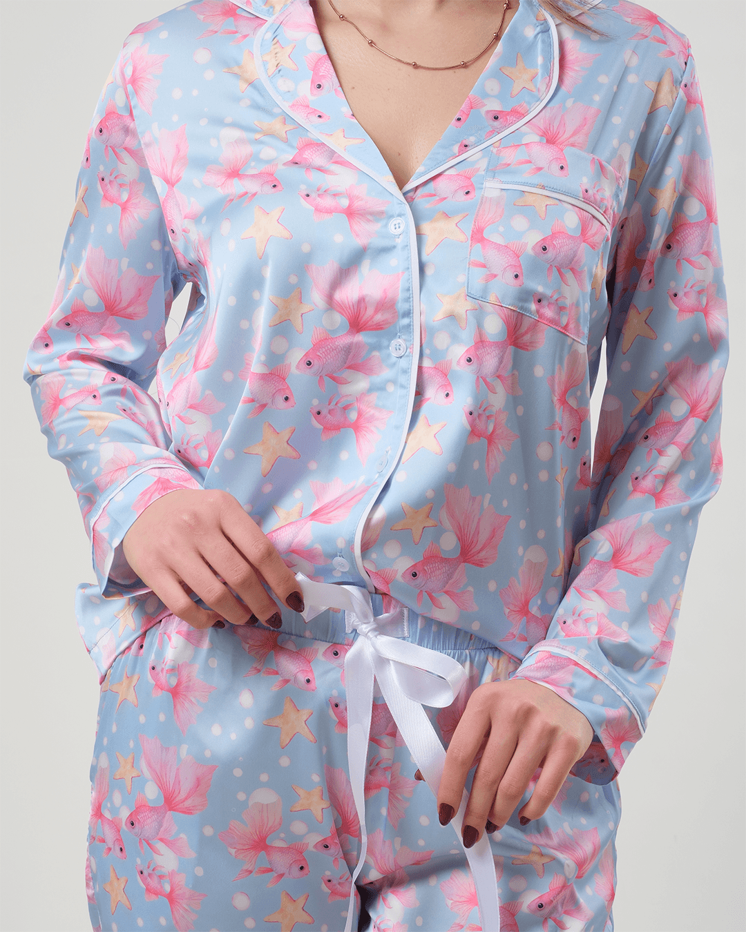 Balık Desenli Gömlek Düğmeli Pijama Takımı