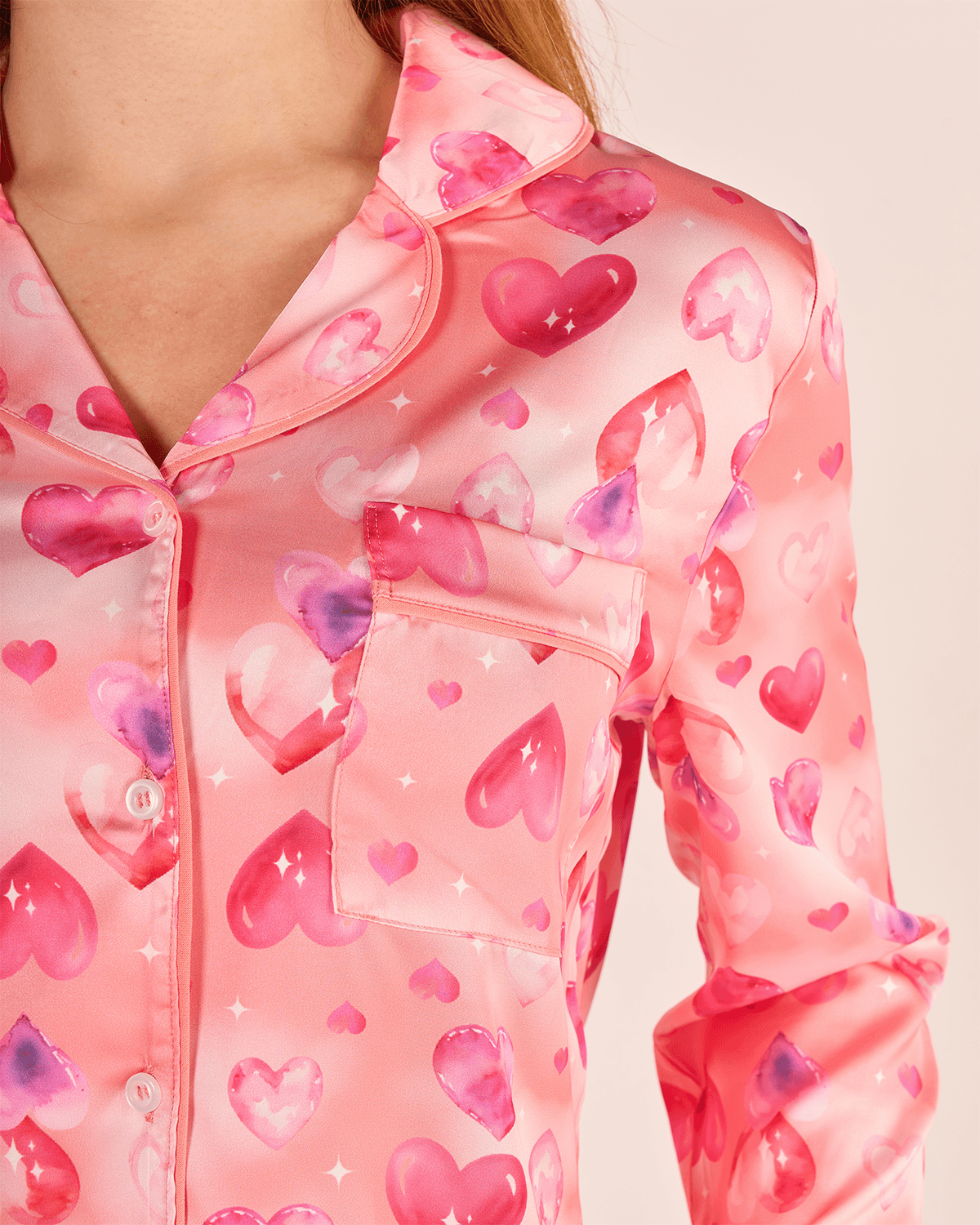 Kalp Desenli Saten Pijama Takımı