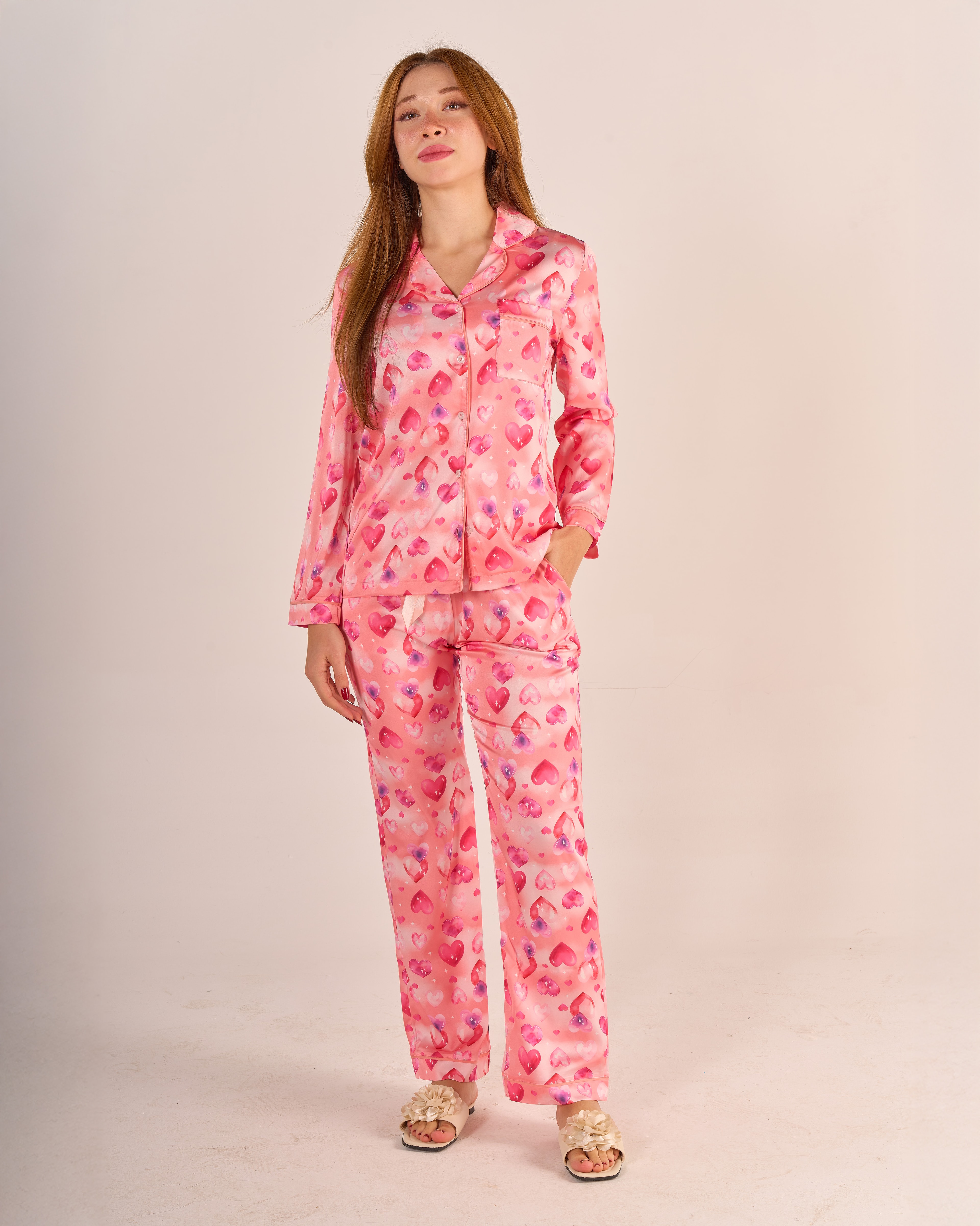 Kalp Desenli Saten Pijama Takımı