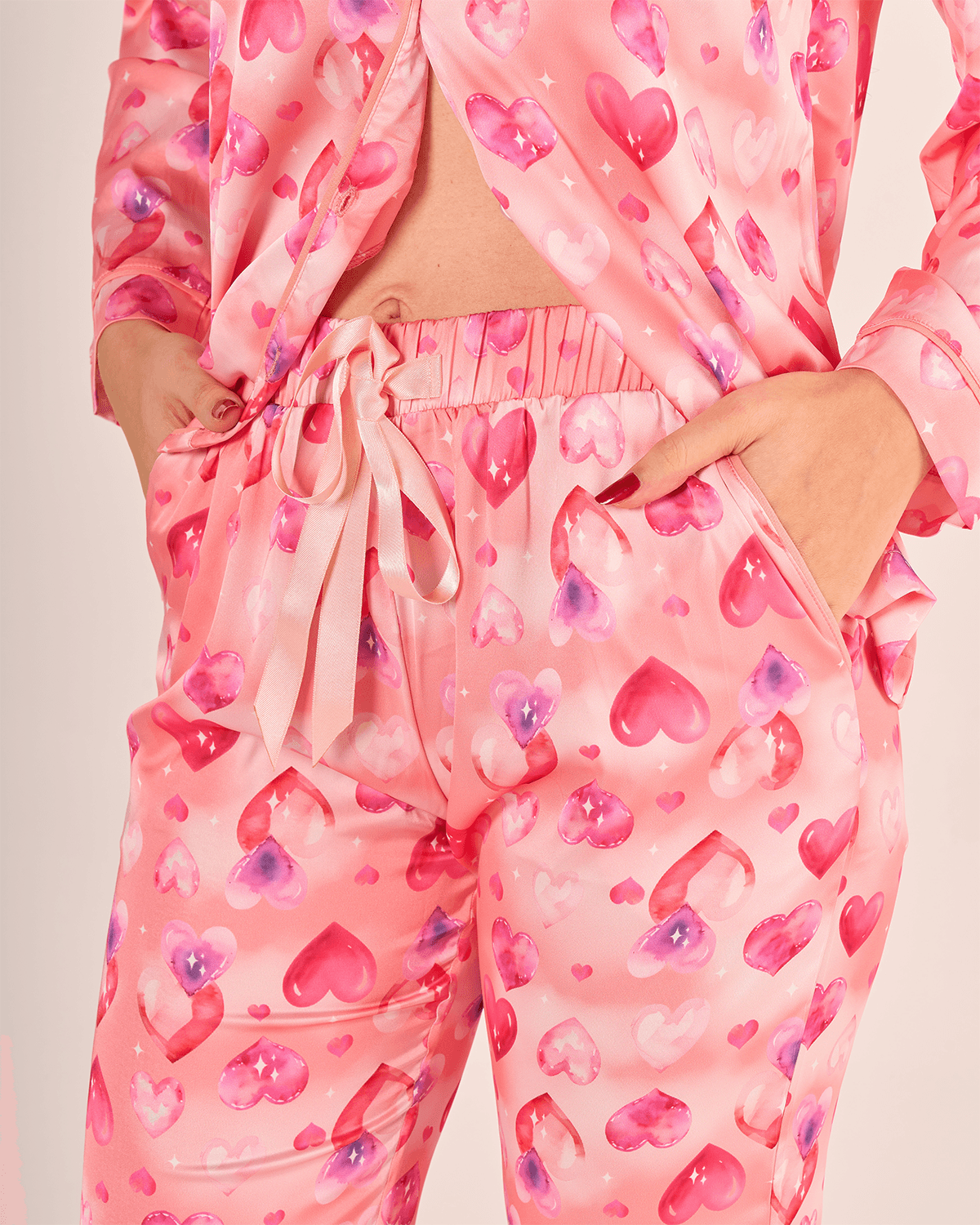 Kalp Desenli Saten Pijama Takımı