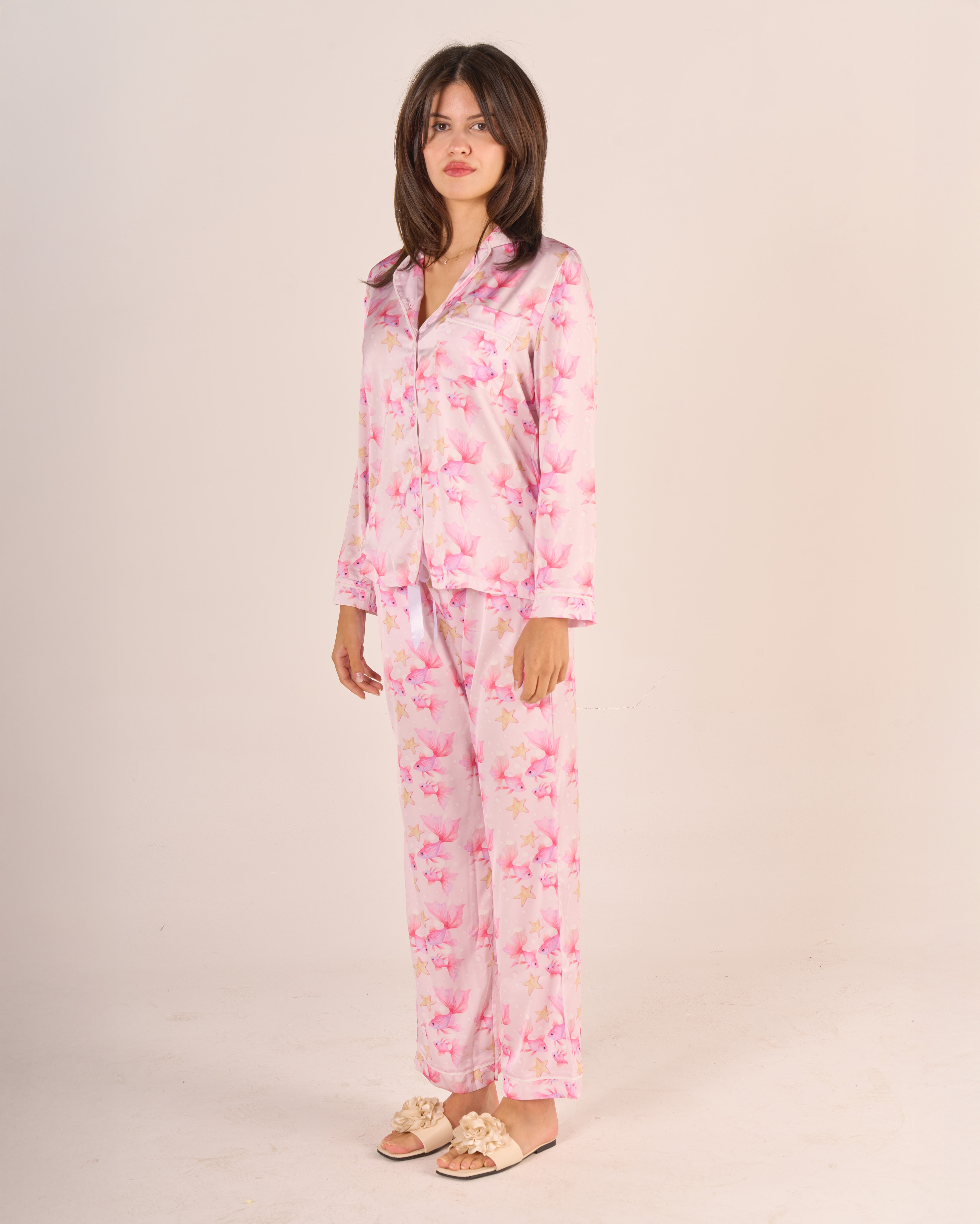 Pembe Balık Saten Pijama Takımı