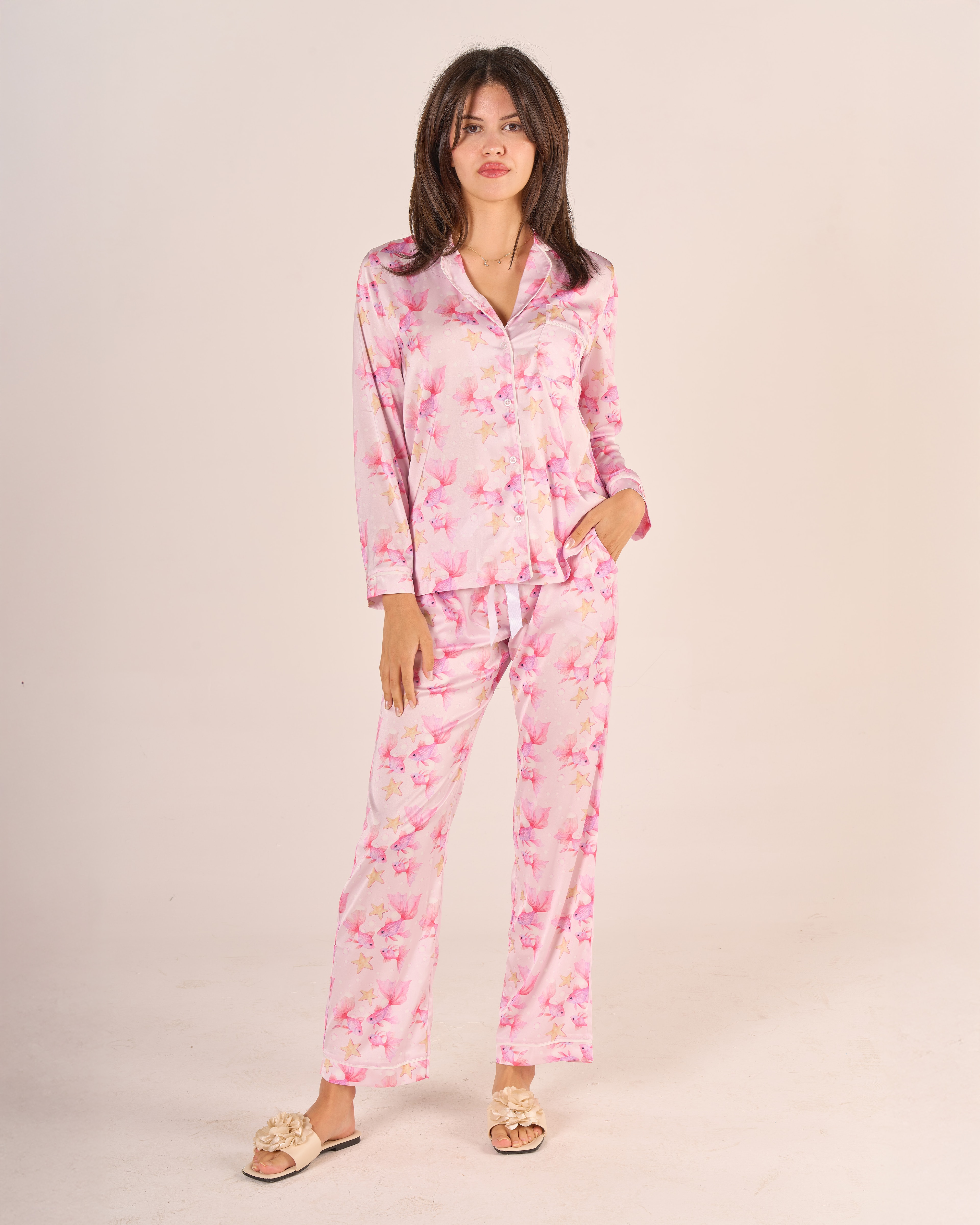 Pembe Balık Saten Pijama Takımı
