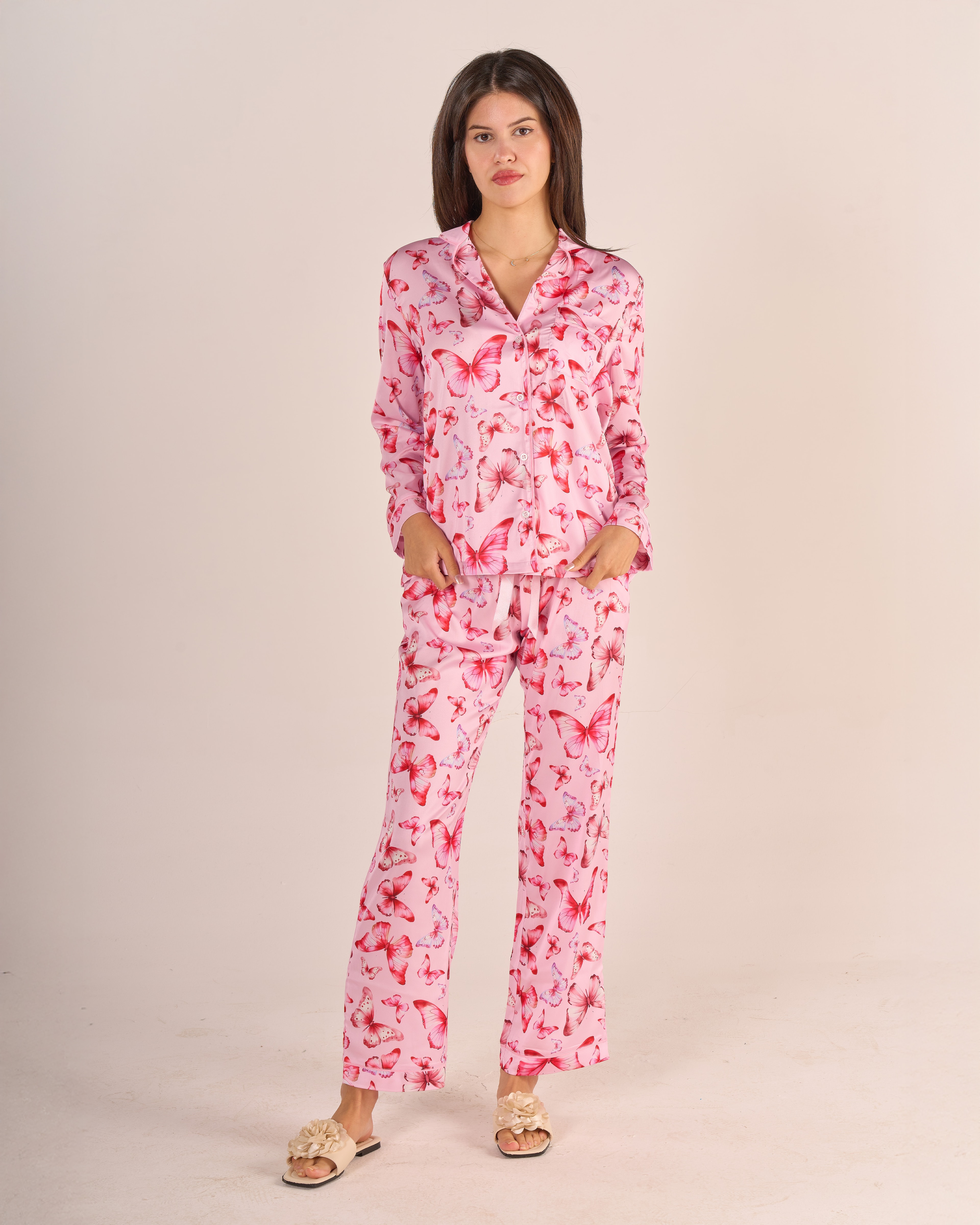 Lady&Macha Kelebekleri | Pembe Kelebek Pijama Takımı - Uzun