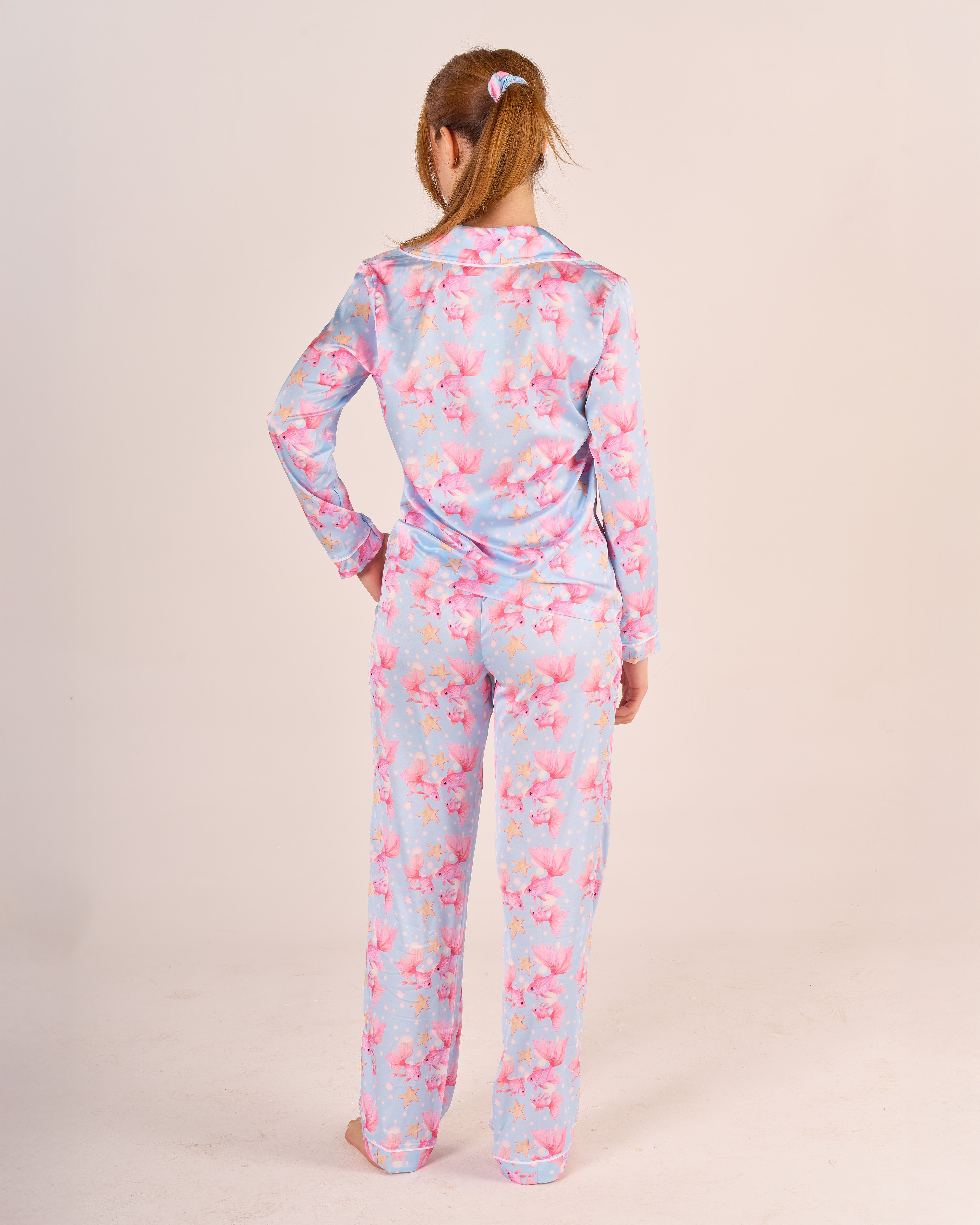 Mavi Balık Desenli Gömlek Düğmeli Pijama Takımı - Uzun