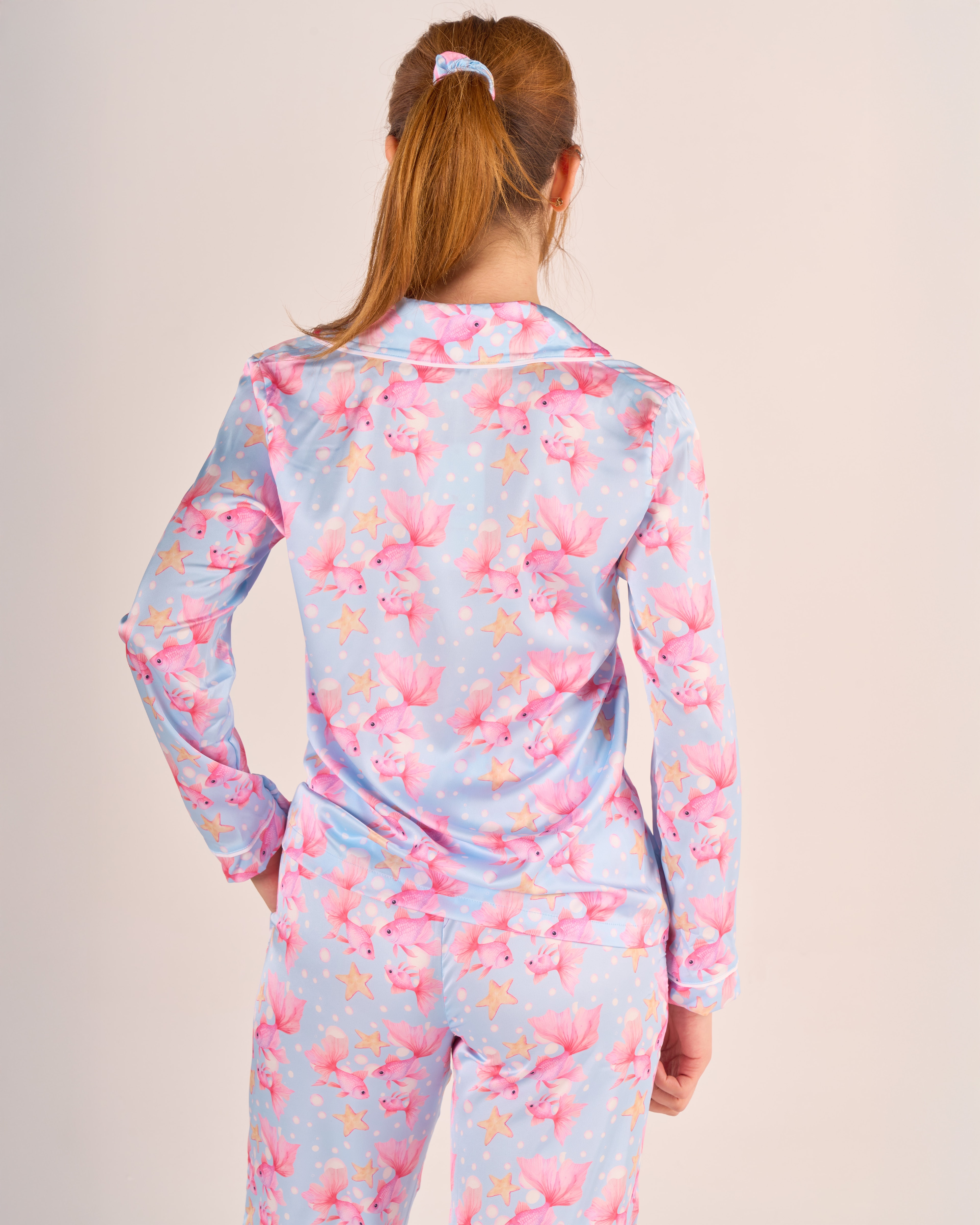Mavi Balık Desenli Gömlek Düğmeli Pijama Takımı - Uzun