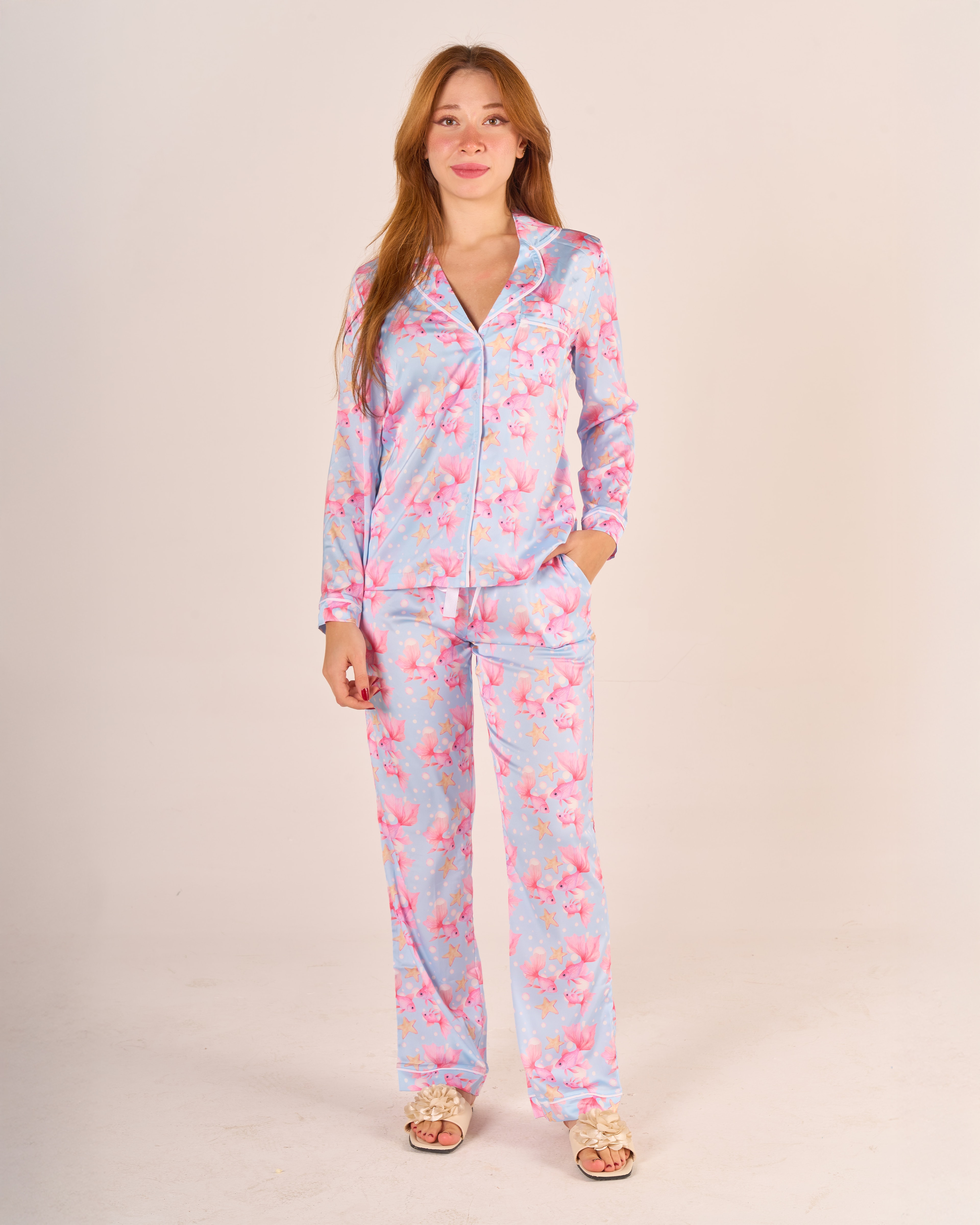 Mavi Balık Desenli Gömlek Düğmeli Pijama Takımı - Uzun