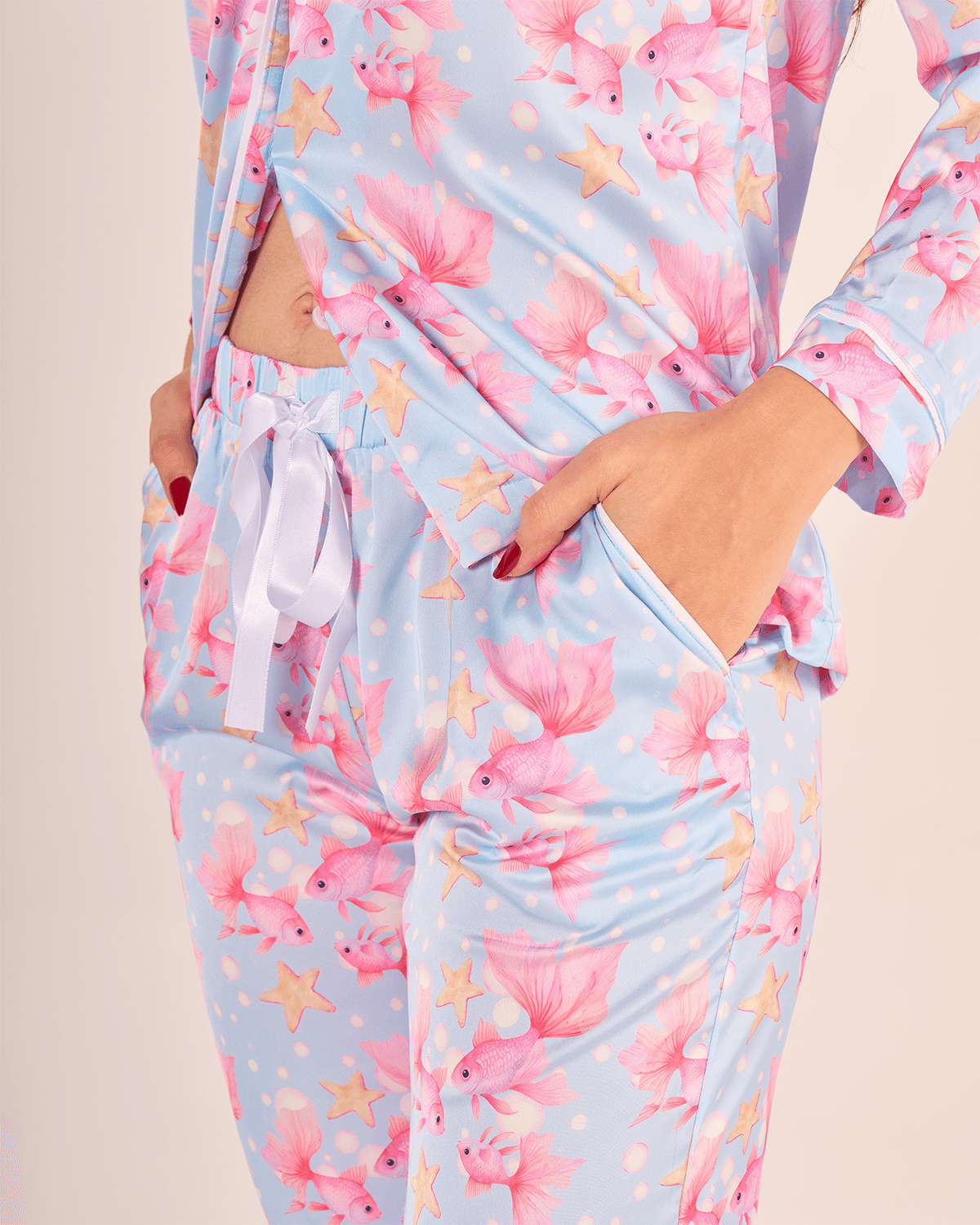 Mavi Balık Desenli Gömlek Düğmeli Pijama Takımı - Uzun