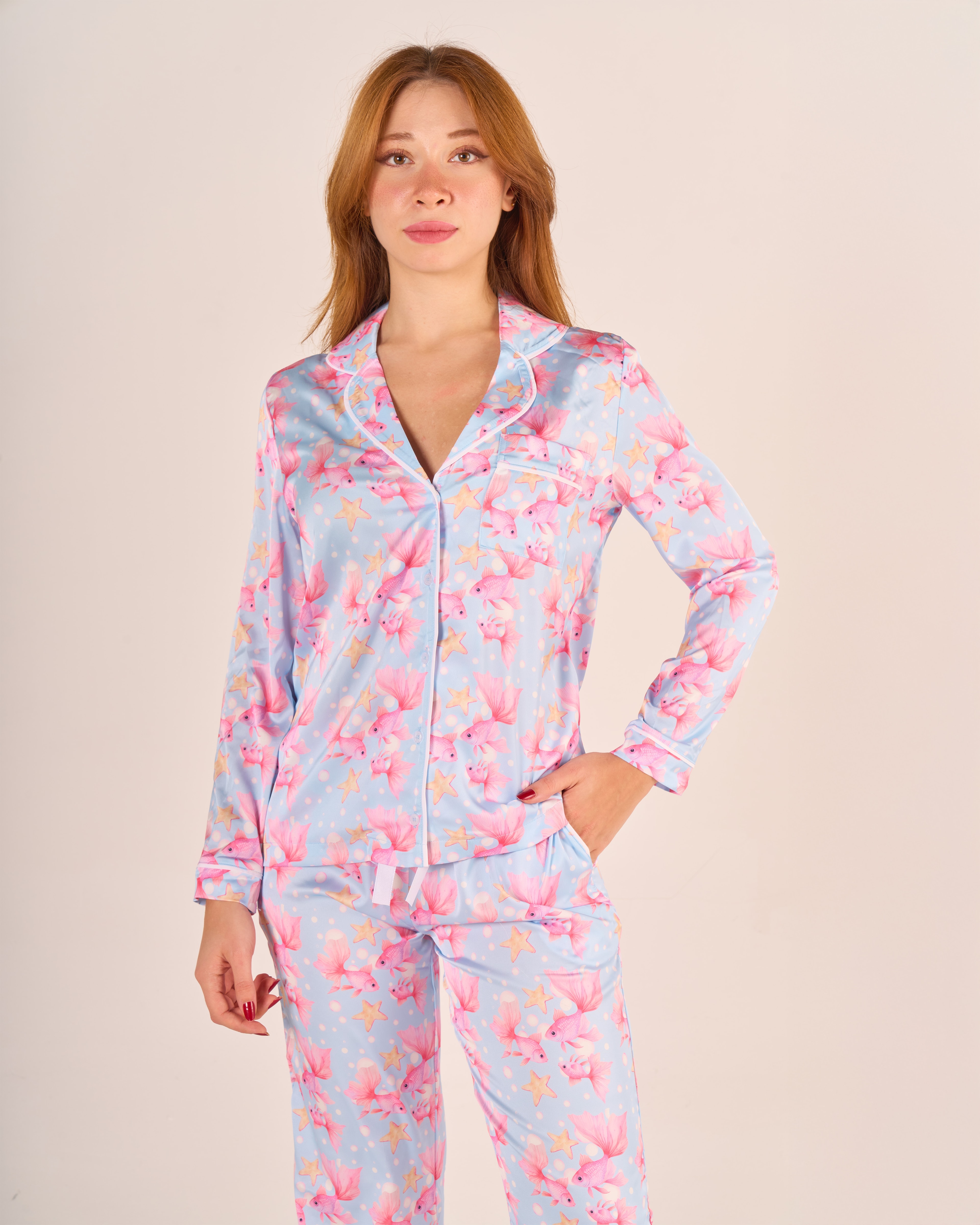 Mavi Balık Desenli Gömlek Düğmeli Pijama Takımı - Uzun