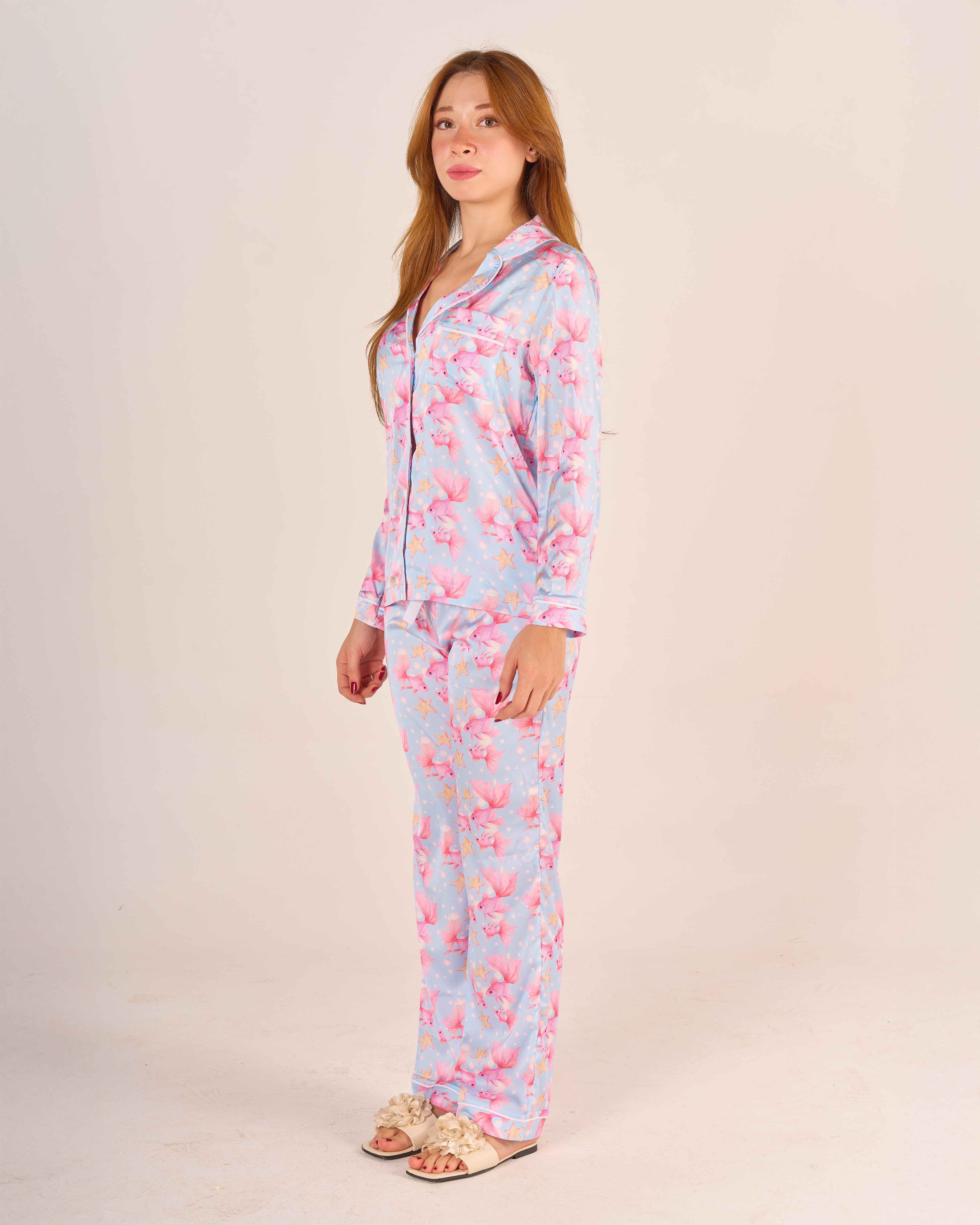 Mavi Balık Desenli Gömlek Düğmeli Pijama Takımı - Uzun