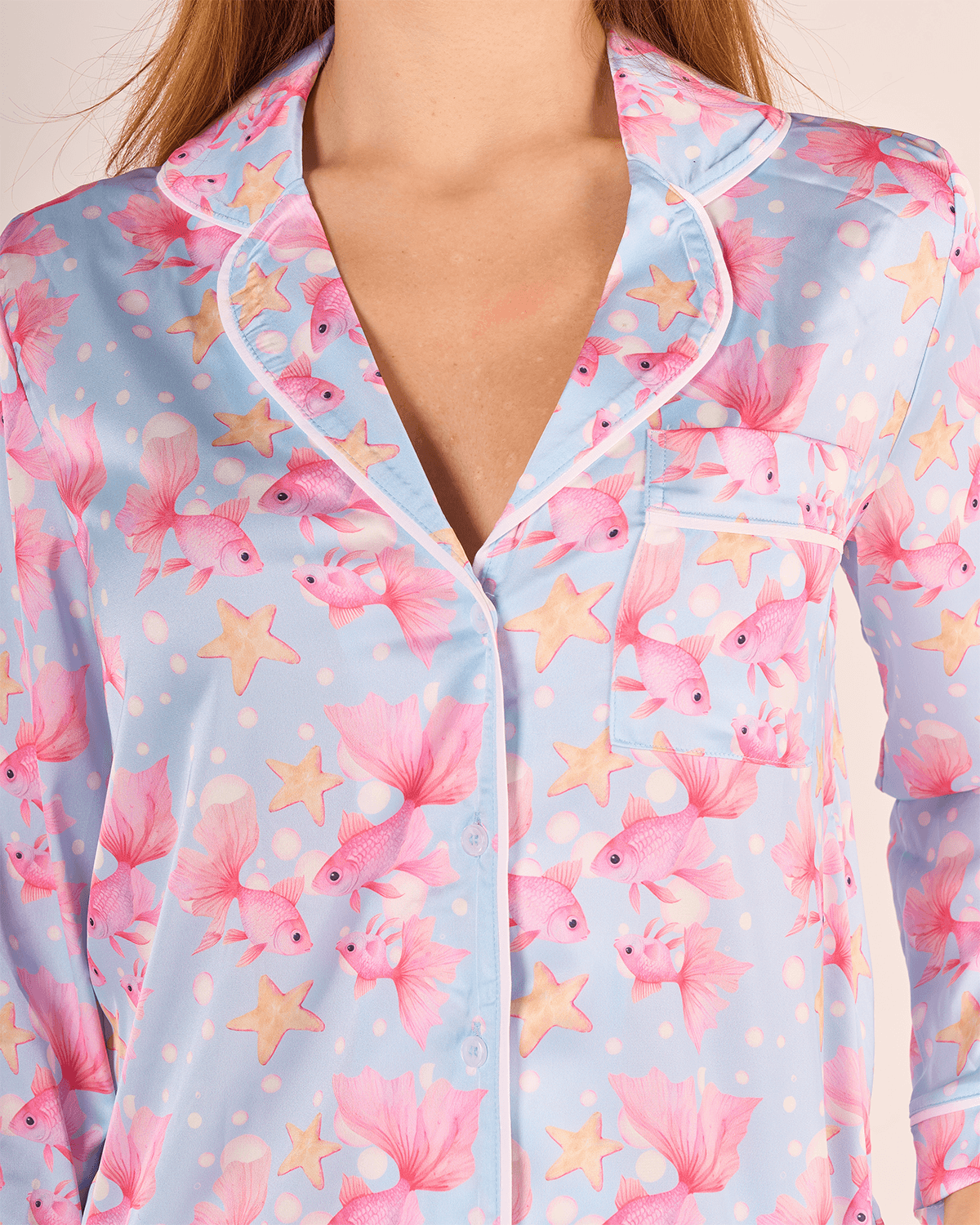 Mavi Balık Desenli Gömlek Düğmeli Pijama Takımı