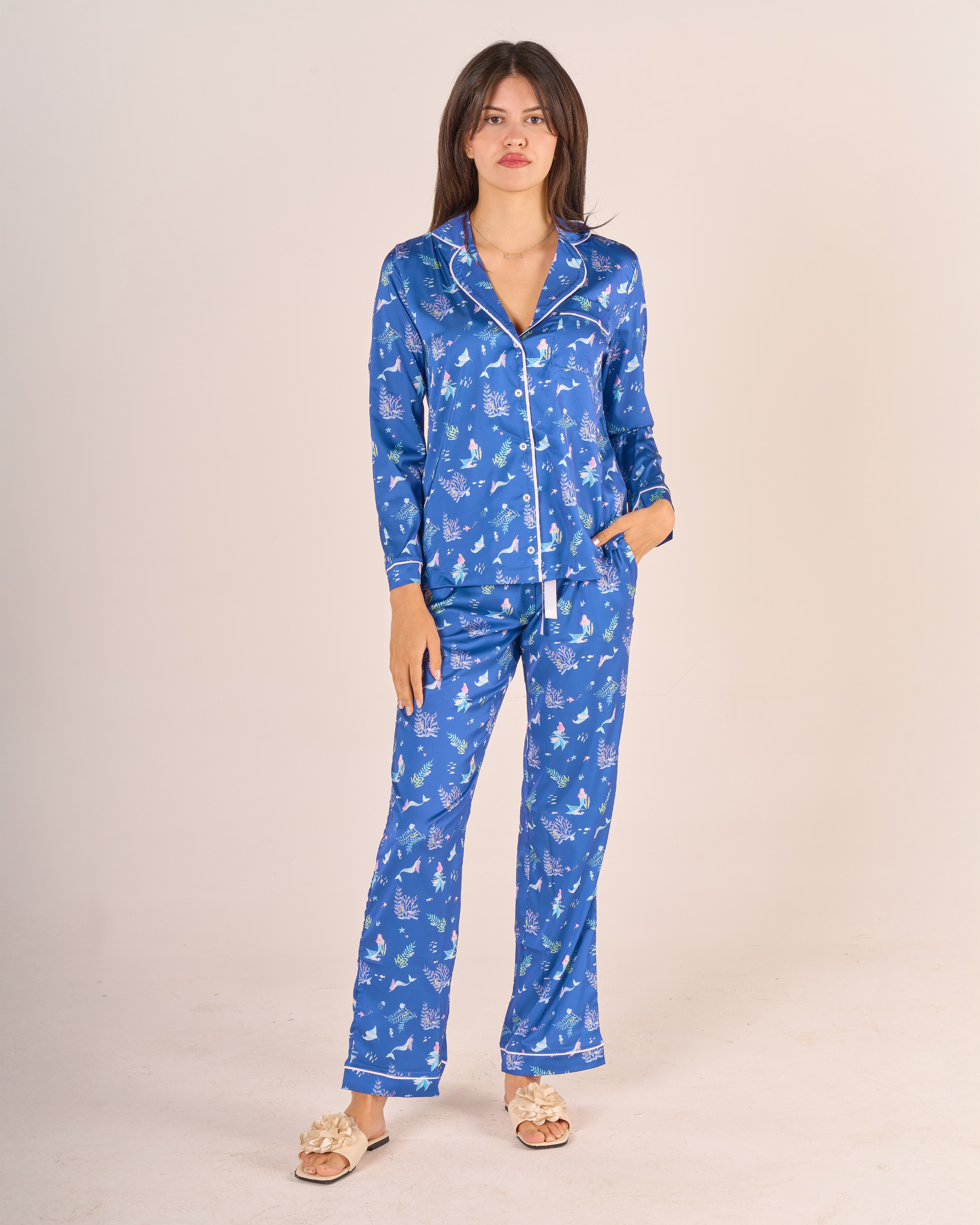 Deniz Kızı Temalı Gömlek Düğmeli Pijama Takımı - Uzun